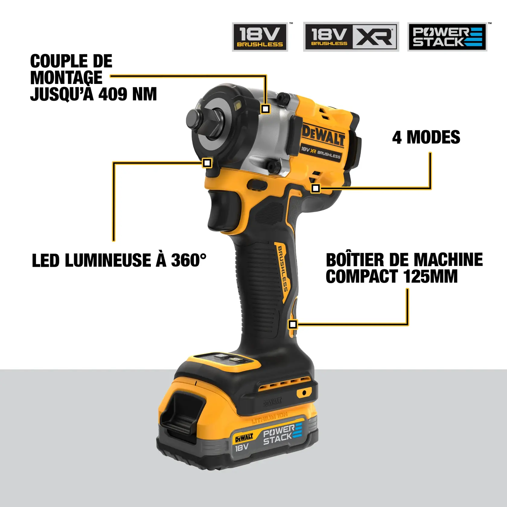 Imagen de una llave de impacto inalámbrica DEWALT de 18V, modelo DCF921E2T, con tecnología brushless XR y batería PowerStack. Se destacan un par máximo de 406 Nm, 4 modos de uso, luz de trabajo LED integrada y un cuerpo compacto de 125 mm. La herramienta es negra y amarilla, con la marca visible.