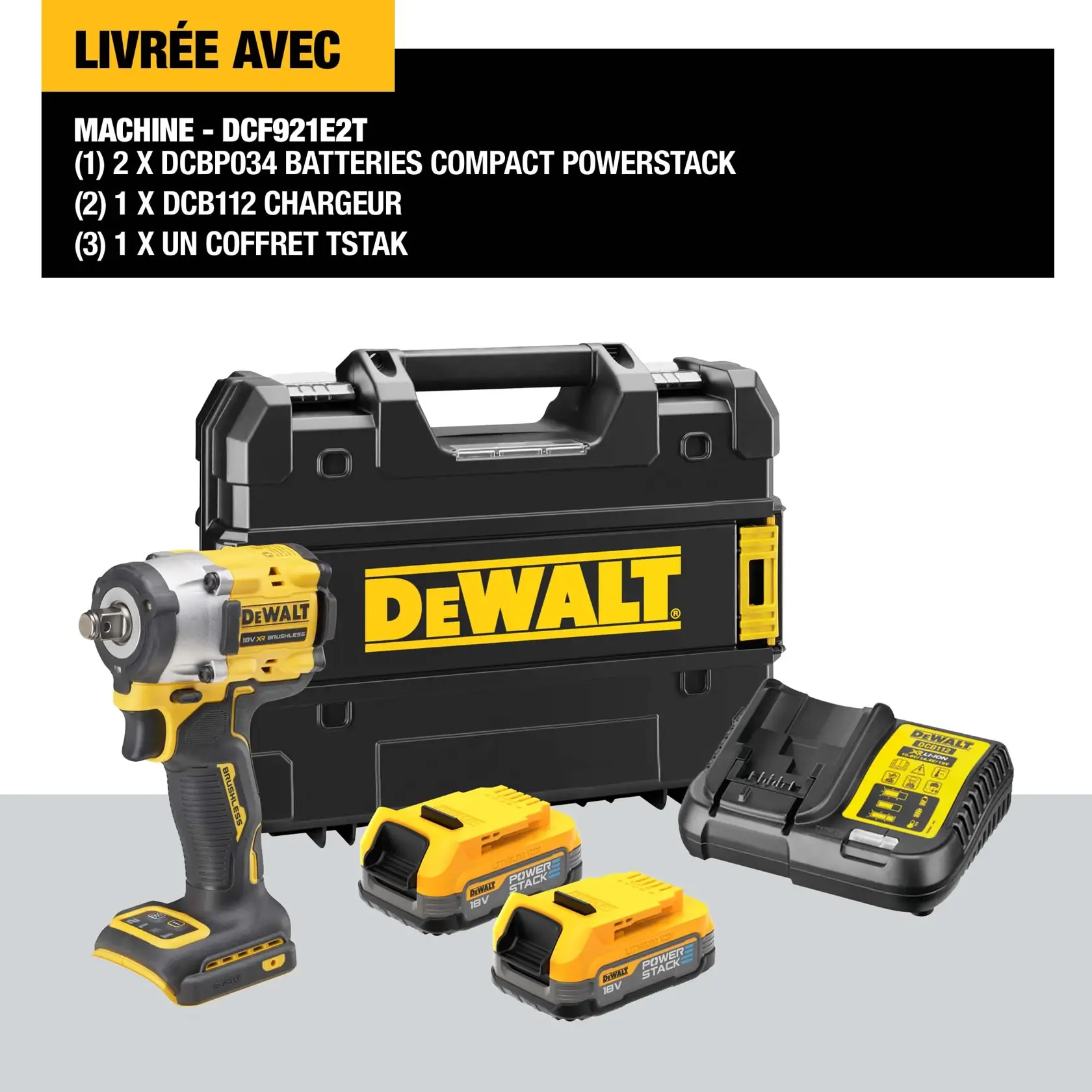 Juego DEWALT DCF921E2T que incluye una llave de impacto inalámbrica, dos baterías Powerstack de 18V, un cargador multi-voltaje y un resistente maletín TSTAK, todo mostrado junto.