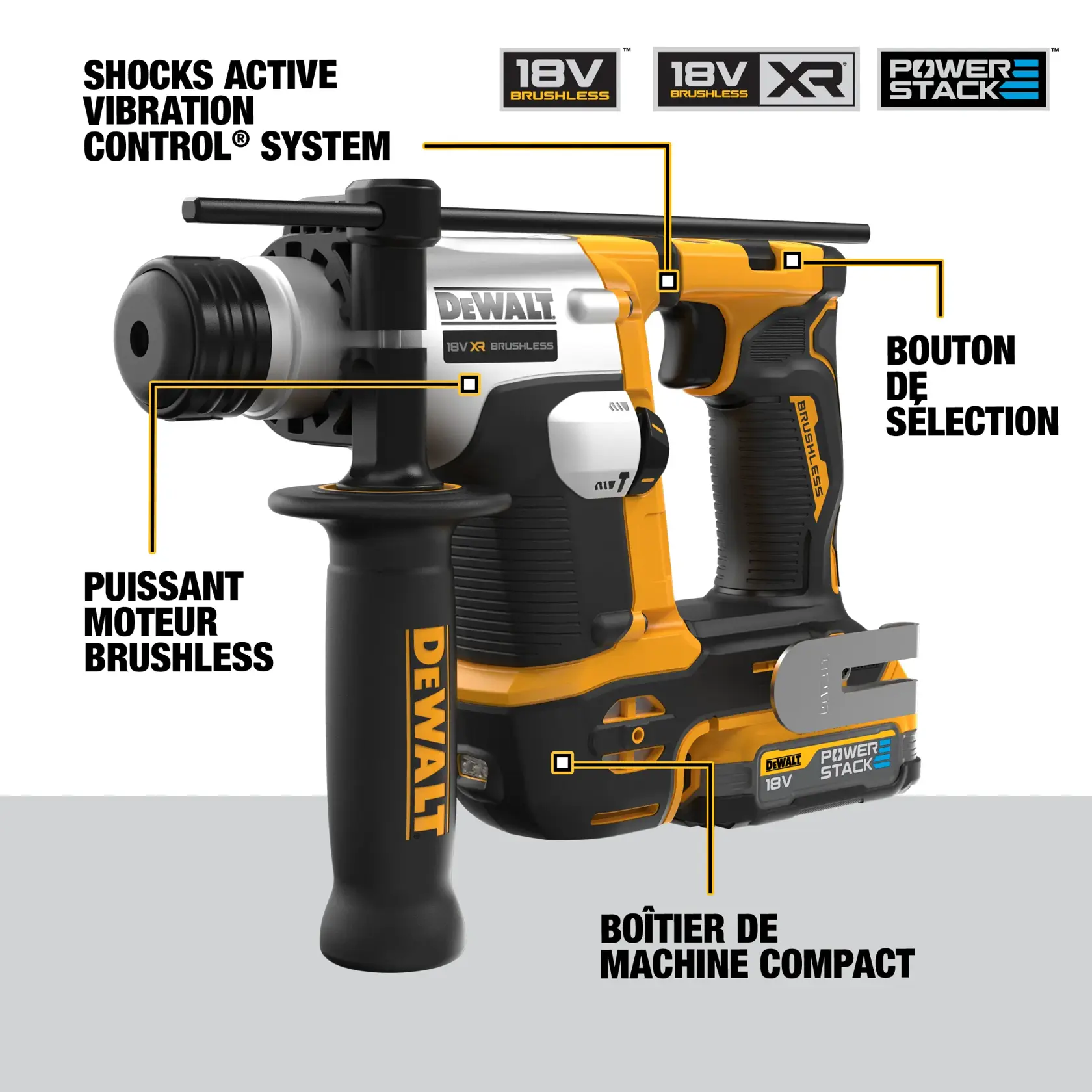 La perceuse à marteau rotatif DEWALT DCH172E2T 18V XR brushless est présentée, avec un puissant moteur brushless, un boîtier compact, un système actif de contrôle des vibrations et un bouton de sélection. La perceuse inclut également une batterie POWERSTACK et comporte des spécifications techniques et fonctionnalités mises en avant en français.