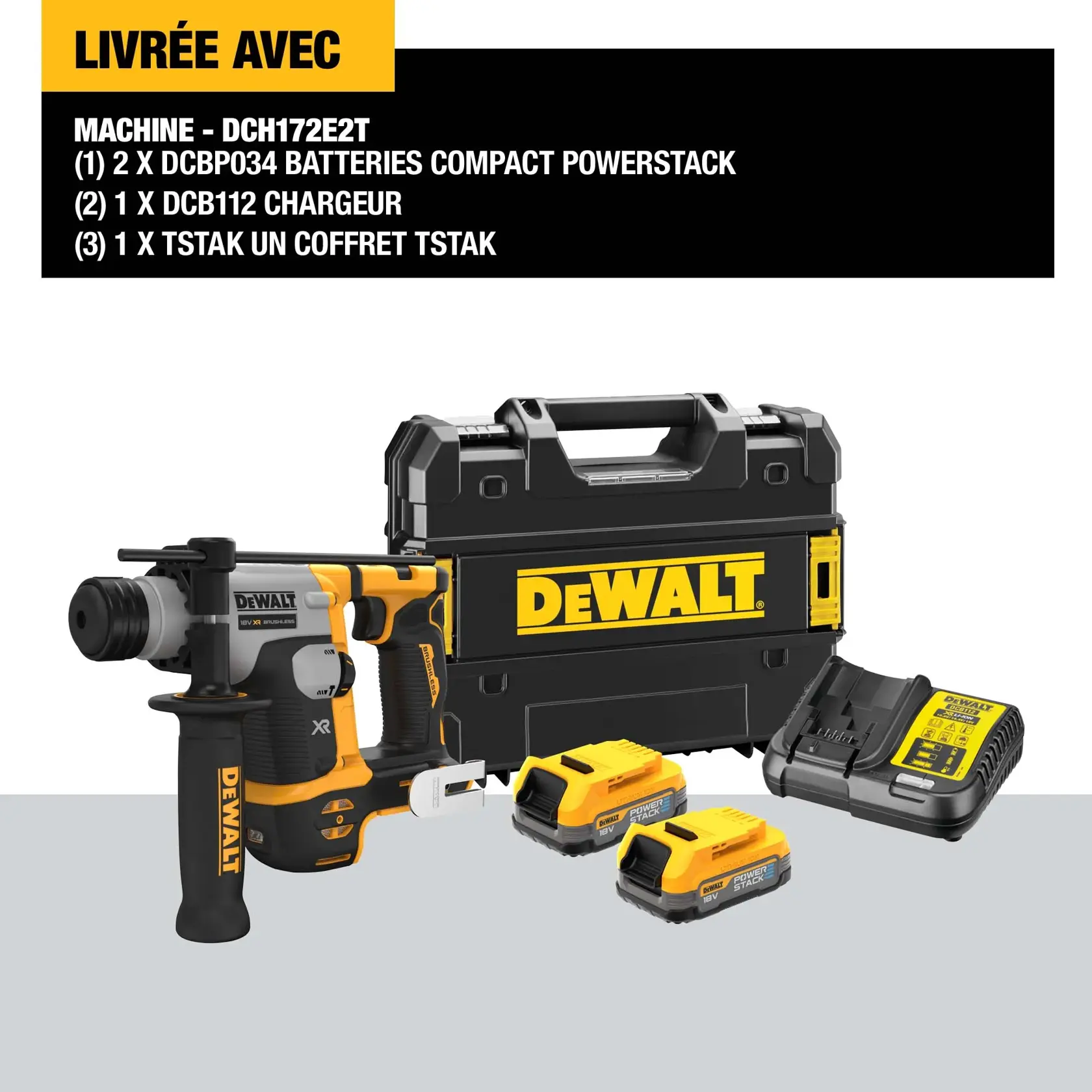Ensemble de perforateur rotatif DEWALT DCH172E2T comprenant la machine, deux batteries compact Powerstack, un chargeur de batterie, et une mallette de transport TSTAK noire et jaune avec le logo DEWALT.