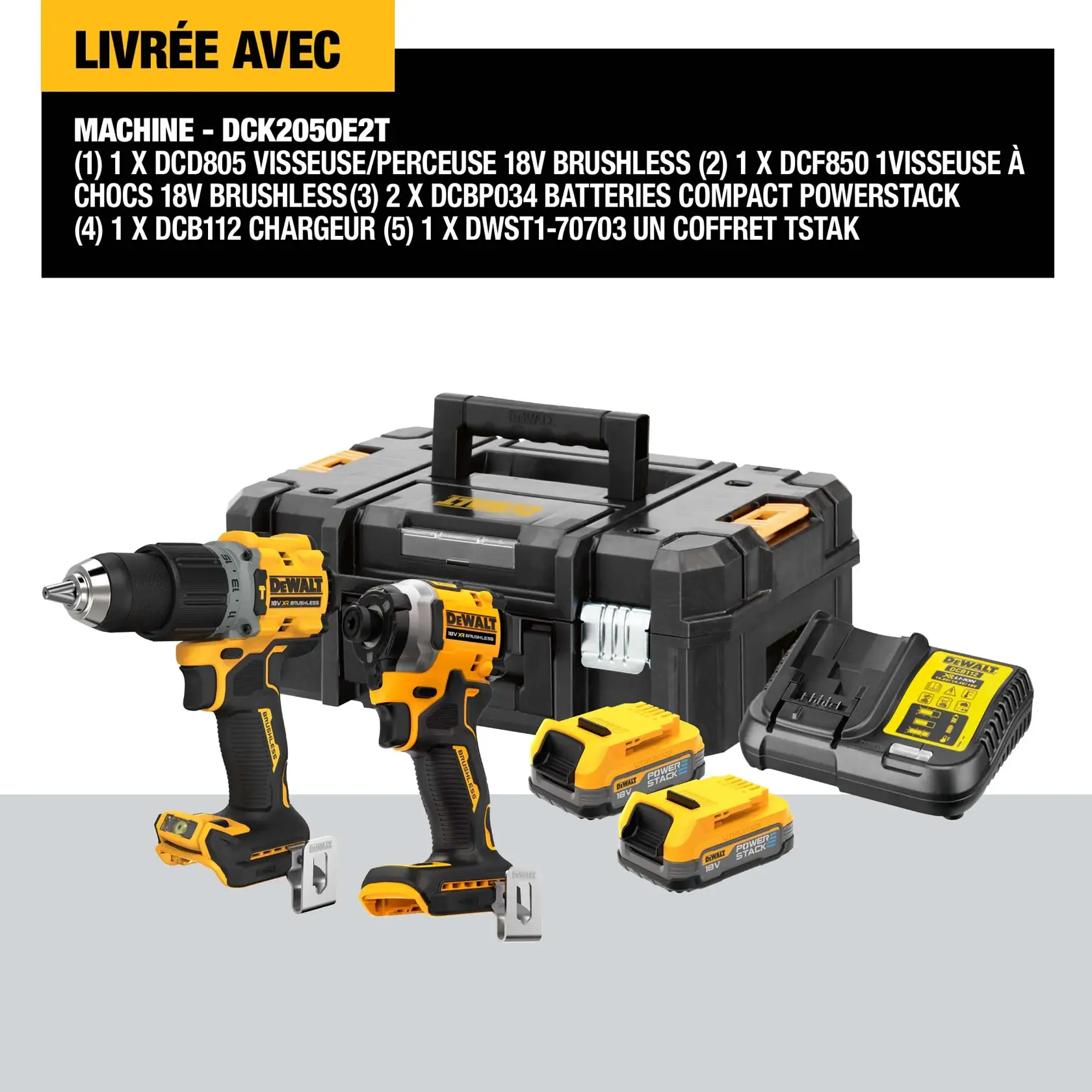 Kit DEWALT DCK2050E2T comprenant une visseuse/perceuse sans fil, une visseuse à chocs, deux batteries compactes Powerstack, un chargeur de batterie et une boîte à outils robuste TSTAK. Les outils et accessoires sont présentés devant la boîte.