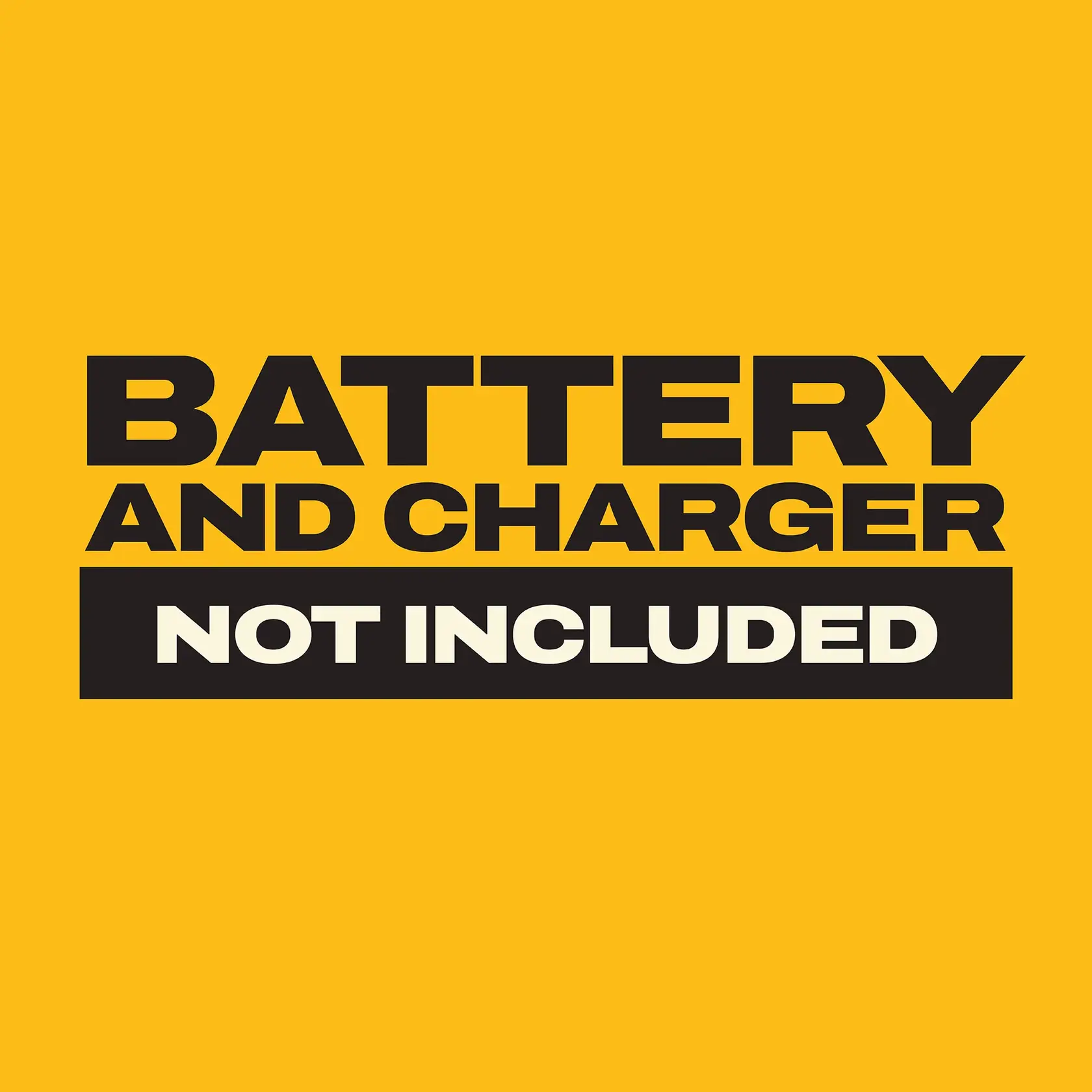 DEWALT graphics SKU, fond jaune, texte noir indiquant batterie et chargeur non inclus.