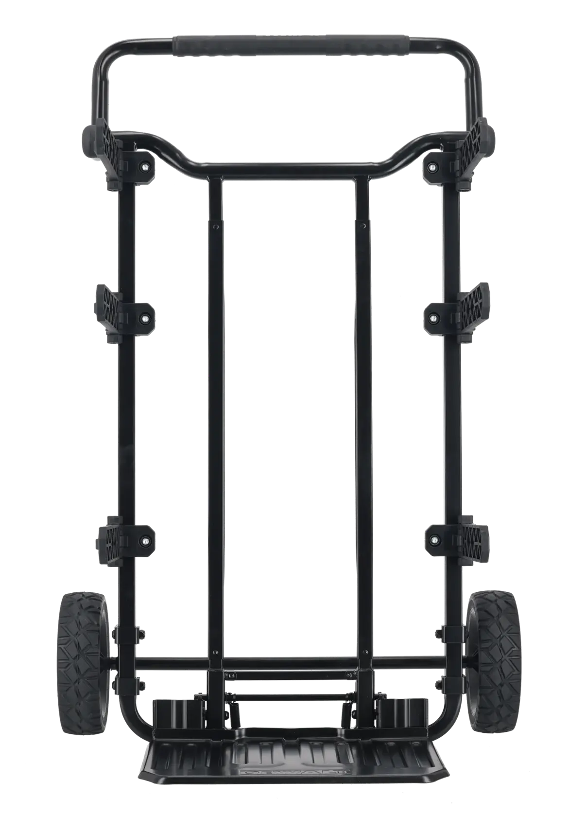 Un chariot à main DEWALT noir avec deux grandes roues et une base plate pour transporter des objets, présenté de face sur un fond blanc.