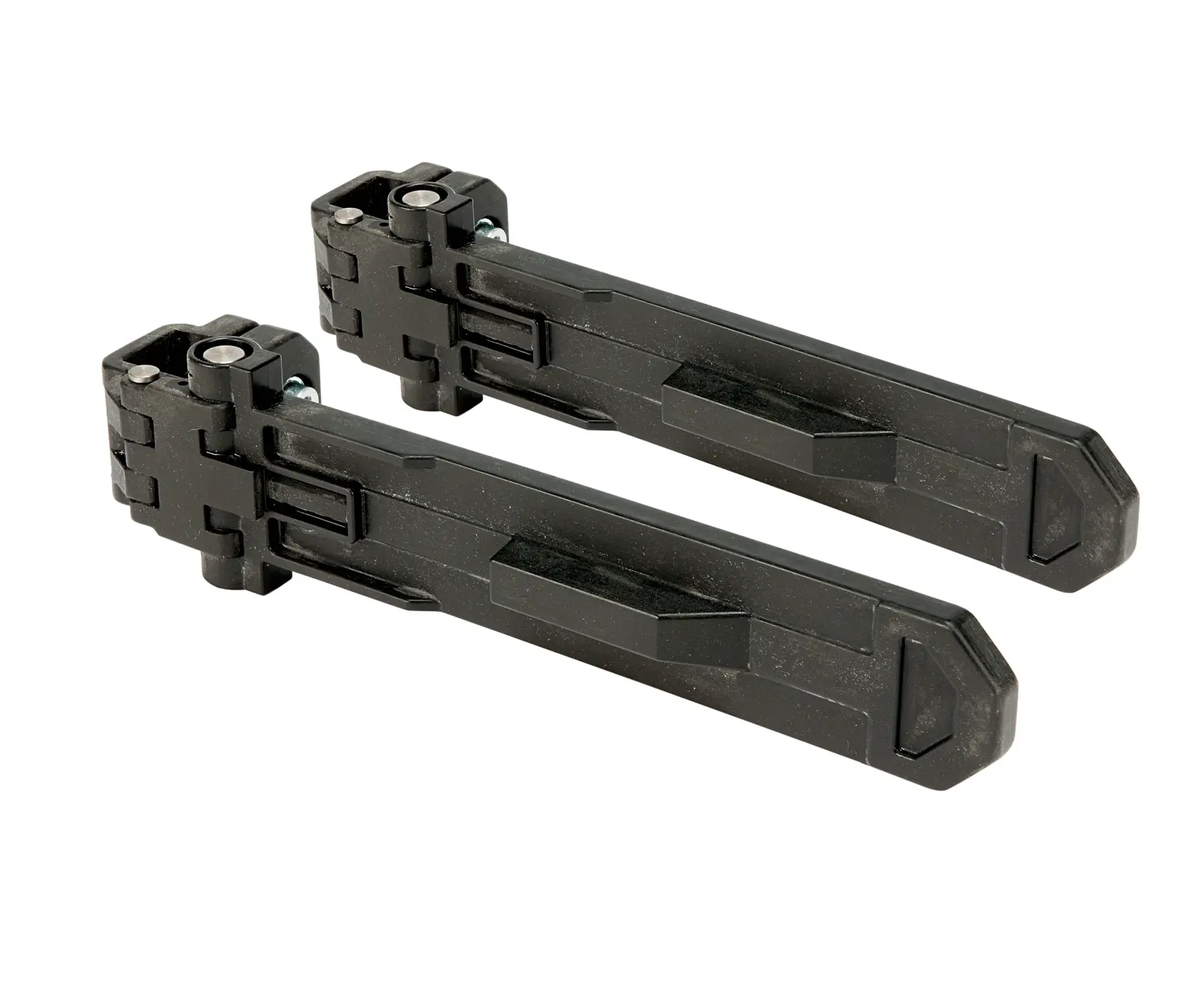 Deux supports de montage en plastique noirs DEWALT pour équipements de photographie, présentés côte à côte sur un fond blanc.
