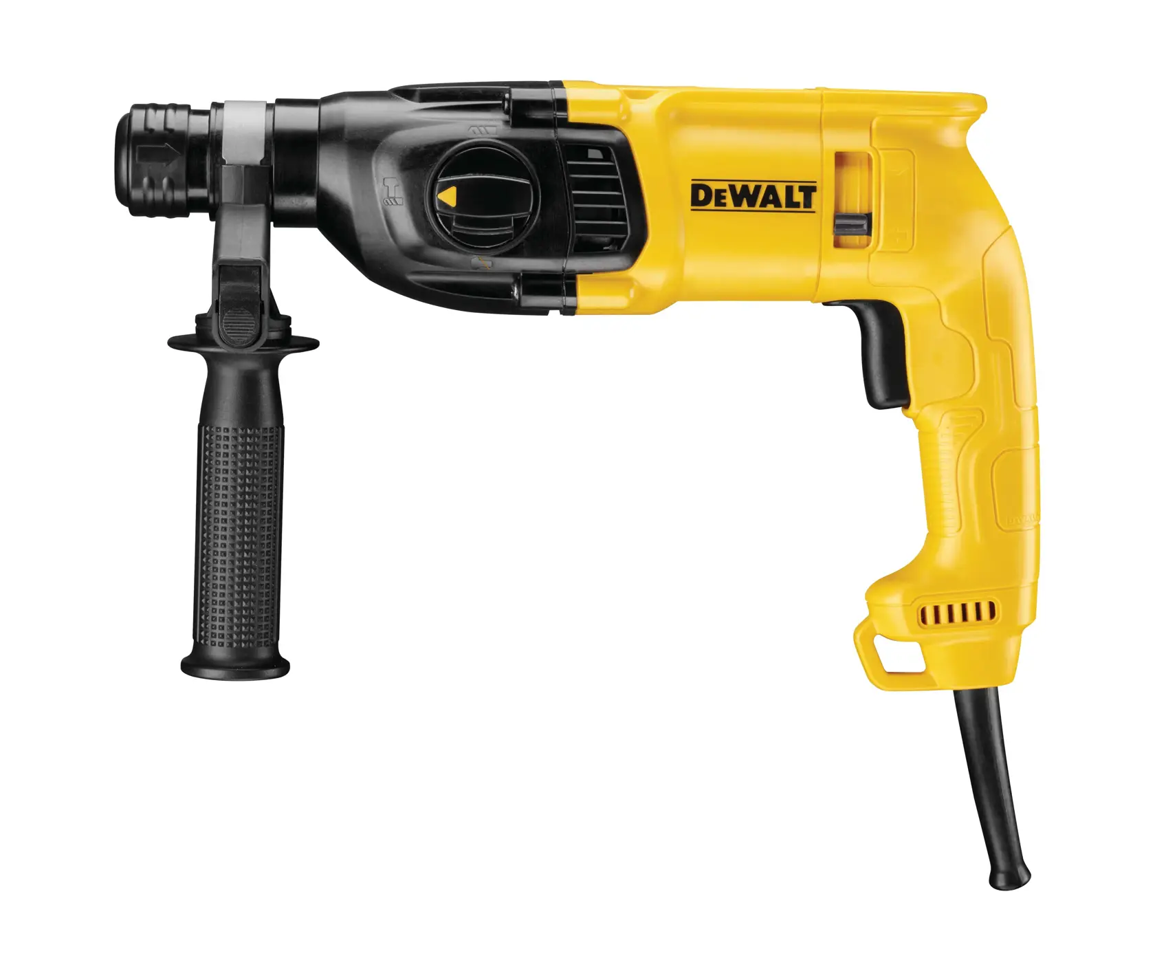 Perceuse à percussion rotative filaire jaune et noire DEWALT avec poignée auxiliaire, présentée sur un fond blanc.