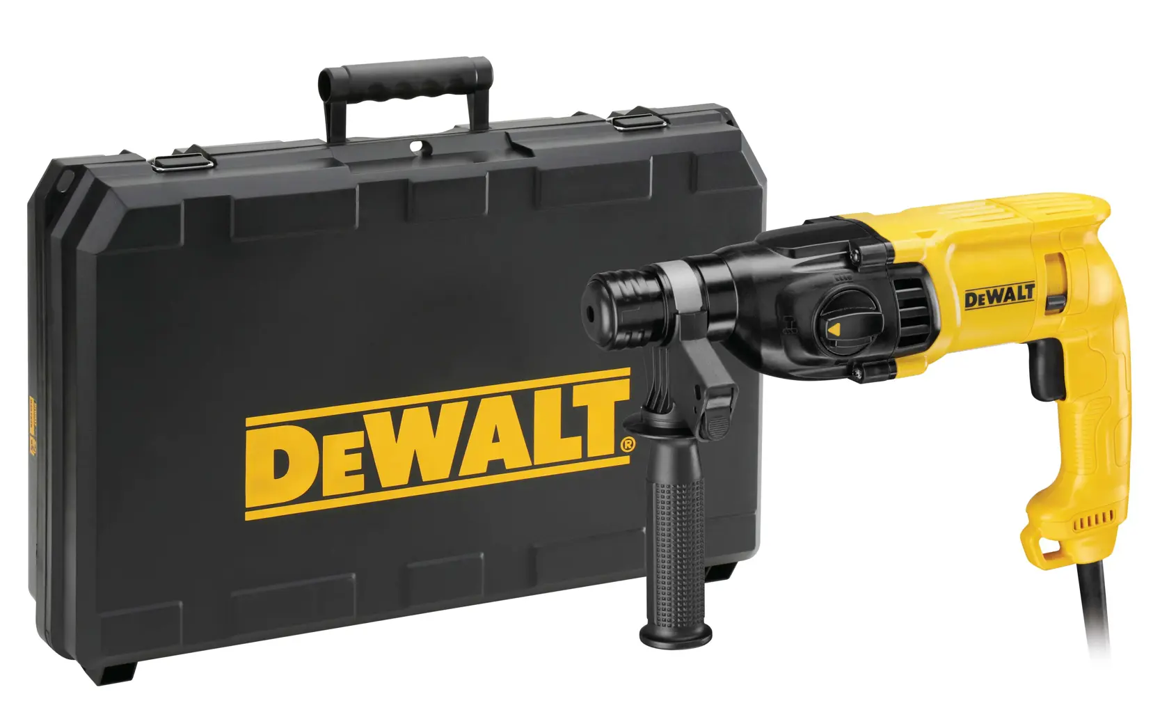 Un marteau perforateur DEWALT jaune et noir, présenté avec une mallette de transport noire portant le logo DEWALT imprimé en jaune.