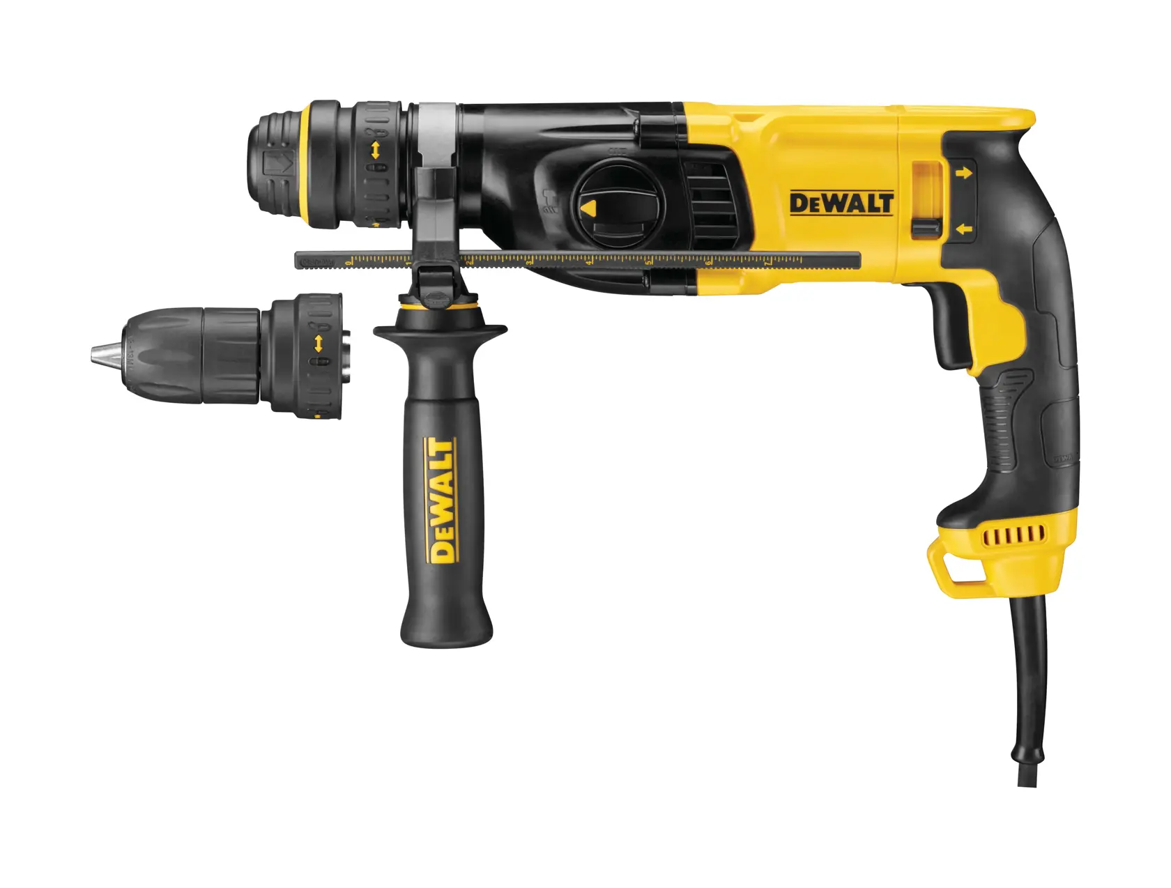 Perforateur DEWALT D25134KP avec poignée latérale et mandrin détachable sur fond blanc.