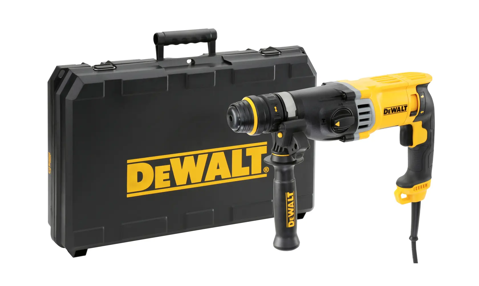 Une perceuse à percussion rotative filaire DEWALT jaune et noire avec une poignée auxiliaire, présentée à côté d'une mallette noire robuste portant le logo DEWALT.
