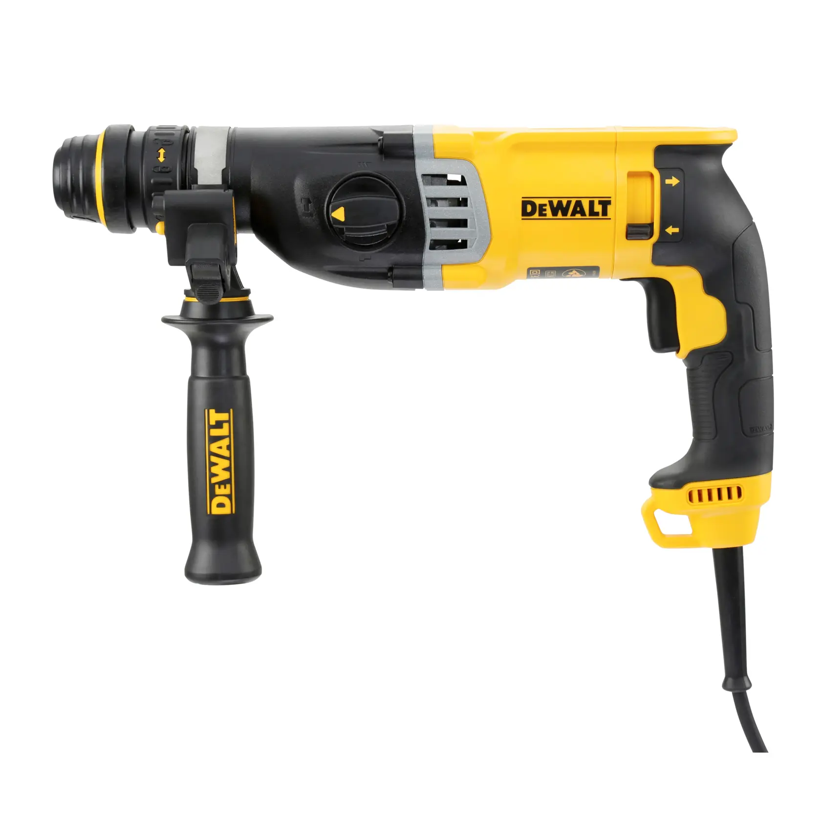 Une perceuse à percussion rotative filaire DEWALT noire et jaune avec une poignée latérale, vue de profil.