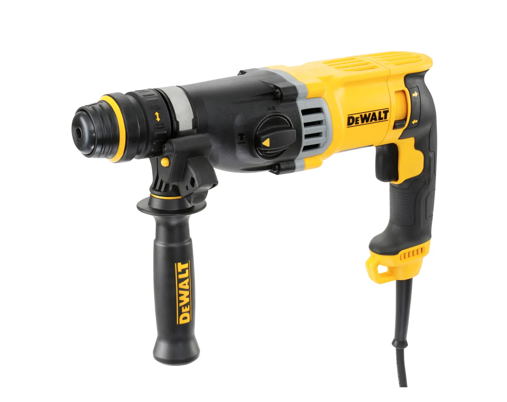 Perforateur rotatif DEWALT D25144K avec poignée latérale, filaire, présenté en noir et jaune.