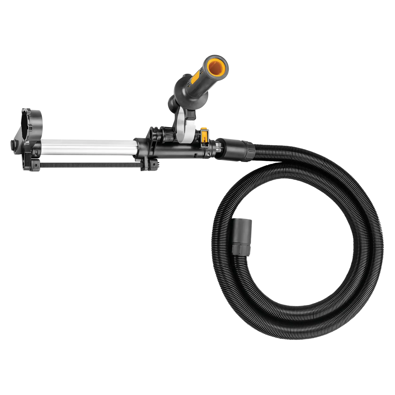 Accessoire d'extraction de poussière DEWALT D25301 pour perforateurs rotatifs, avec un long tuyau flexible et un bras réglable, présenté sur fond blanc.