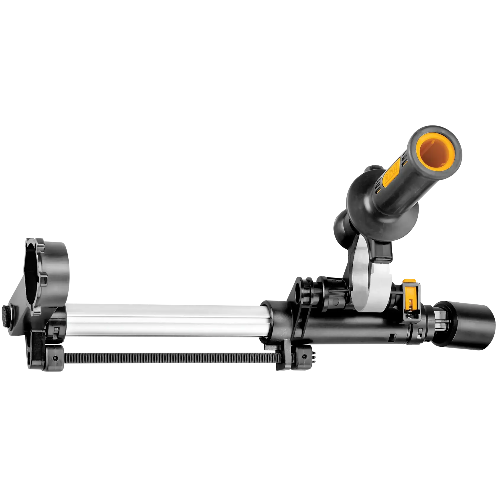 Gros plan sur une unité d'extraction de poussière amovible DEWALT, conçue pour être utilisée avec des outils perforateurs compatibles. L'unité comporte une buse cylindrique, un bras réglable et un support de montage.