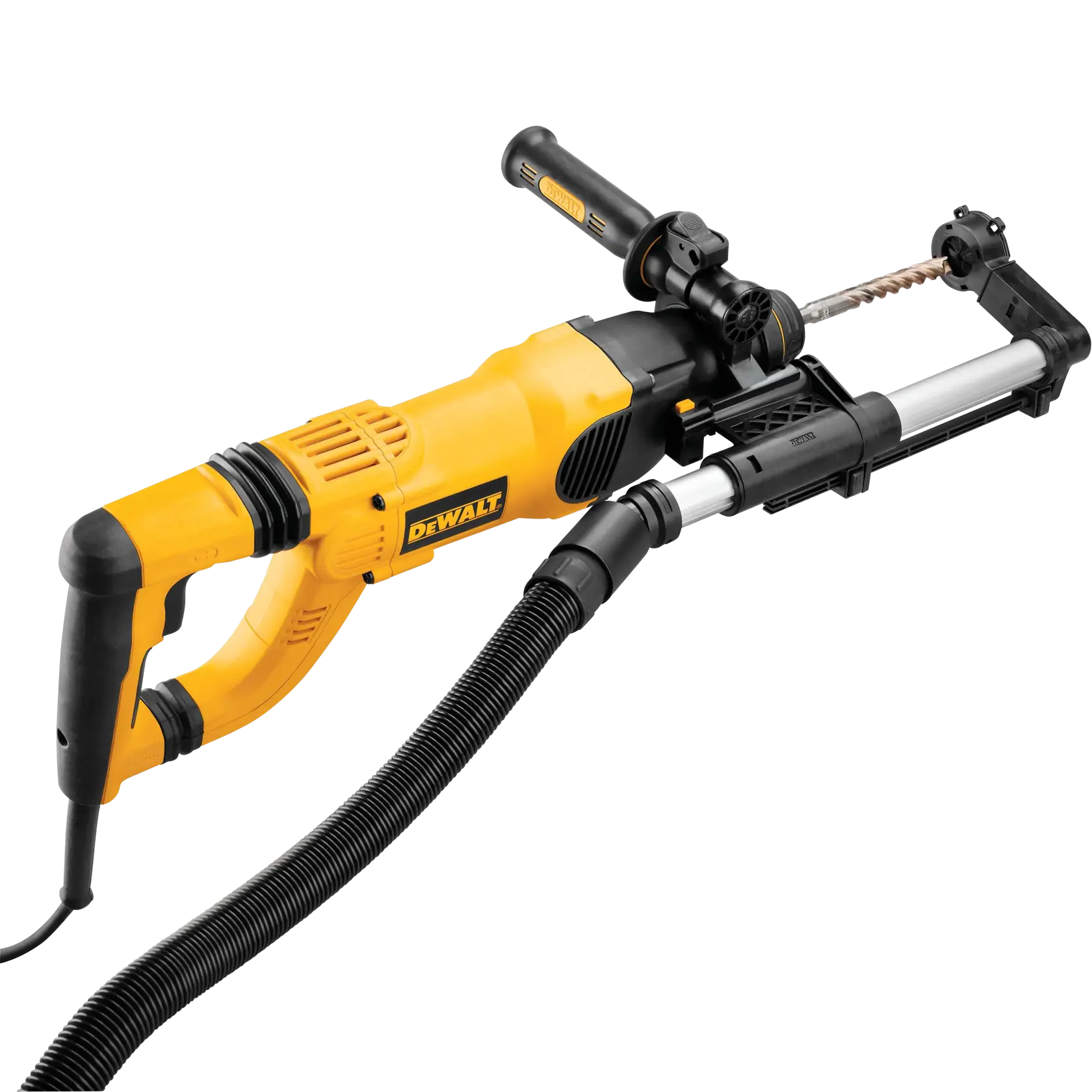 Une perceuse électrique jaune et noire DEWALT avec un système d'extraction de poussière, adaptée à une utilisation professionnelle dans la construction ou les projets de bricolage.