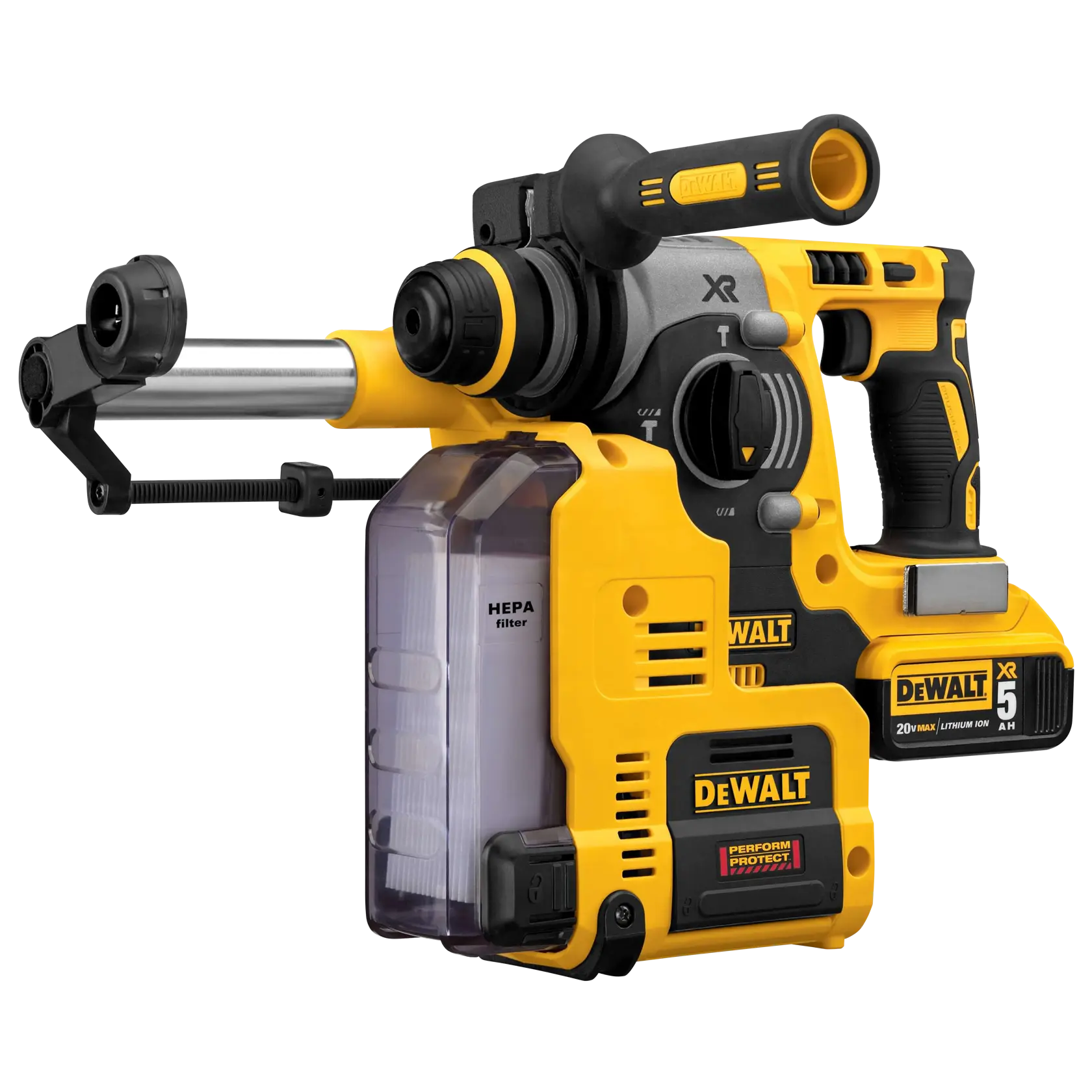 Une perceuse à percussion sans fil DEWALT jaune et noire avec un système d'extraction de poussière à filtre HEPA, une batterie lithium-ion 20V et une poignée ergonomique.