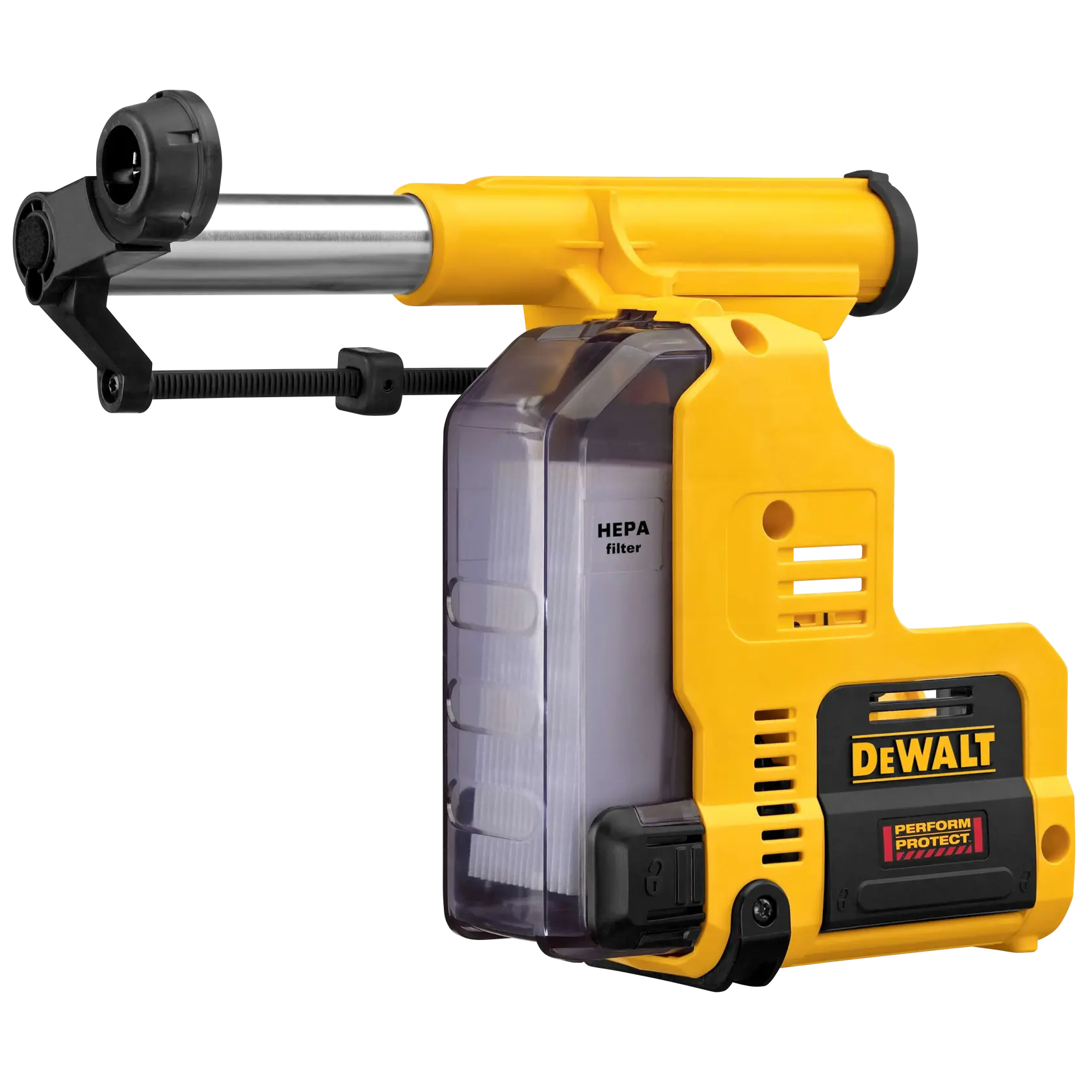 Accessoire d'extraction de poussière DEWALT D25303DH jaune et noir pour perceuses, doté d'un filtre HEPA et d'un mécanisme de fixation, conçu pour collecter la poussière lors du perçage.
