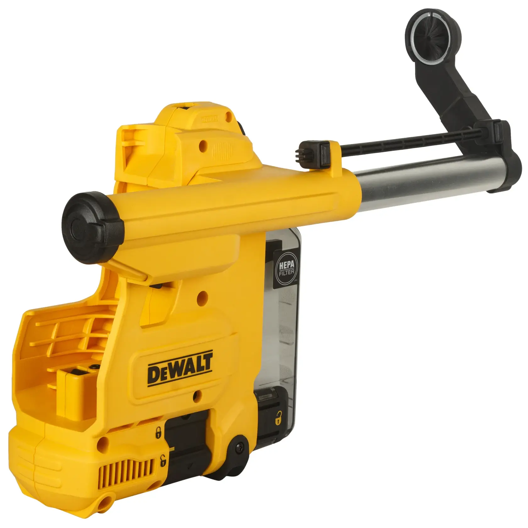 Un accessoire jaune DEWALT D25304DH pour l'extraction de poussière, équipé d'un filtre HEPA, conçu pour être connecté aux outils électriques lors des opérations de perçage propres.