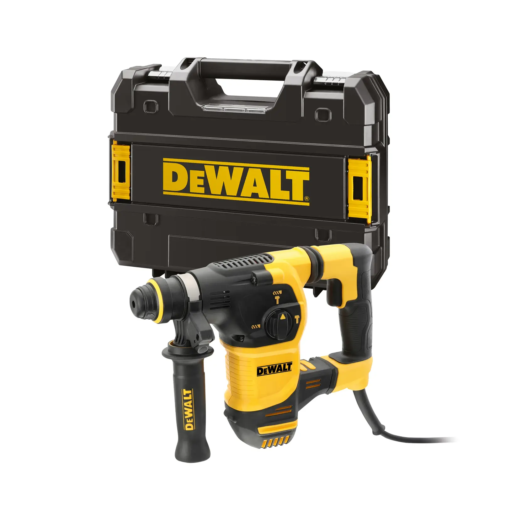 Une perceuse à percussion rotative DEWALT jaune et noire, présentée avec une mallette rigide arborant le logo DEWALT.