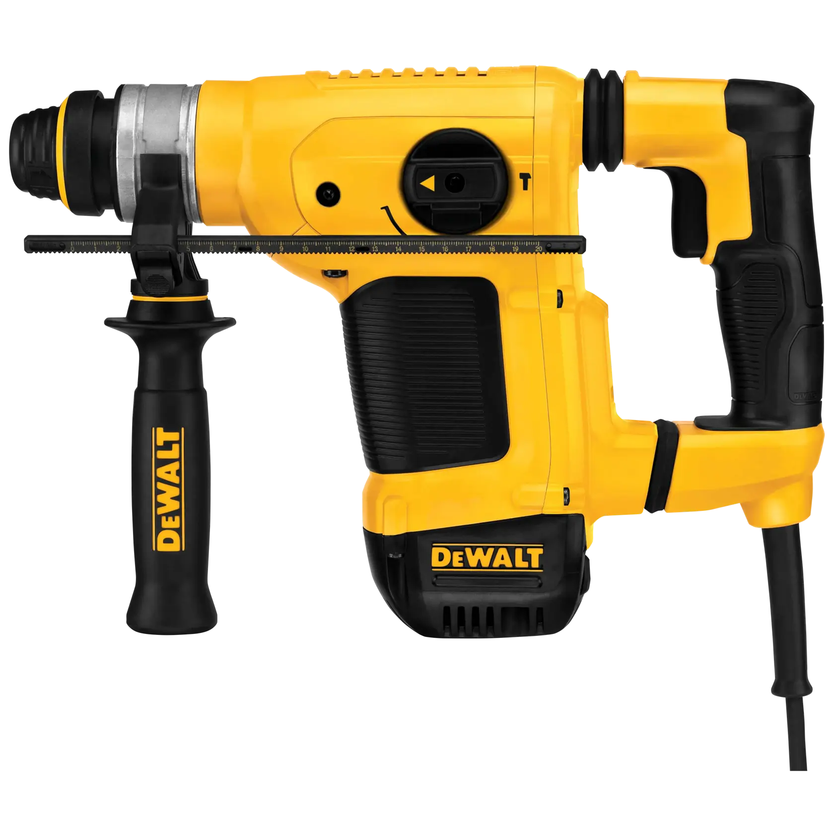Une perceuse rotative jaune et noire de marque DEWALT avec une poignée latérale et un cordon d'alimentation, présentée en vue latérale.