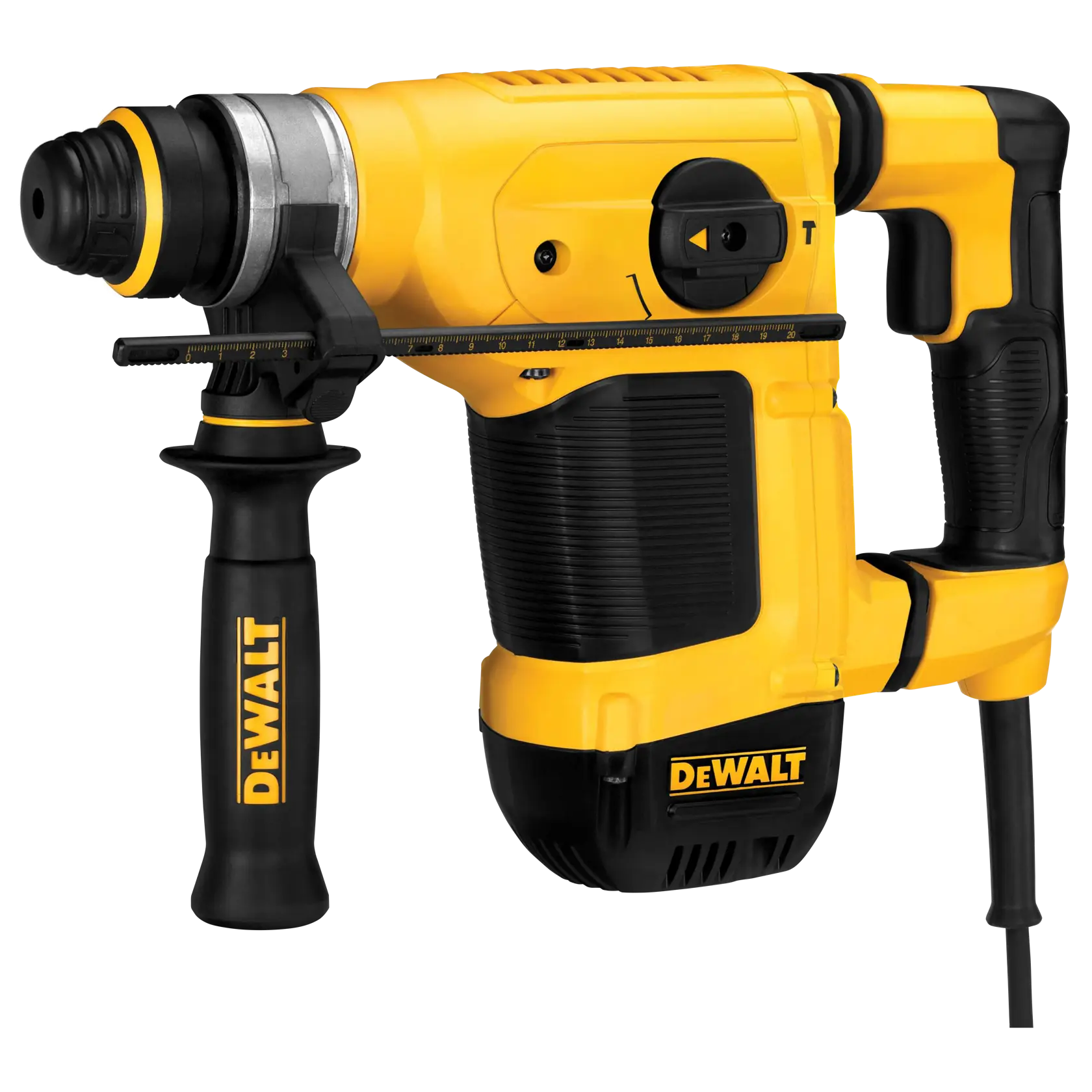 Perceuse à percussion rotative filaire jaune et noire DEWALT avec poignée latérale et jauge de profondeur, modèle D25430K.