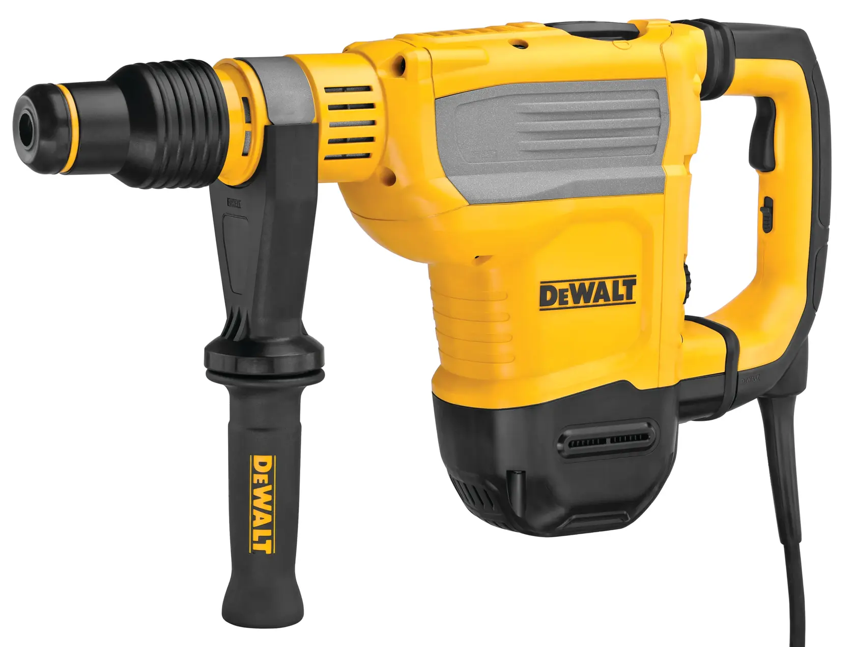 Une perceuse à marteau rotatif électrique DEWALT avec un corps jaune et noir, une poignée ergonomique et une poignée latérale, conçue pour des travaux de construction intensifs.