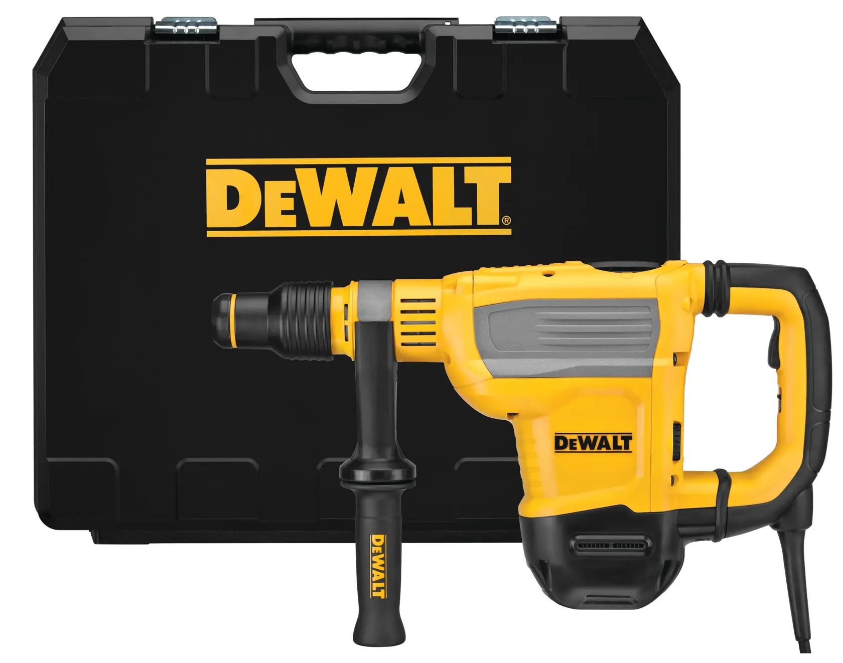 Un marteau perforateur DEWALT jaune et noir avec une poignée auxiliaire, placé devant une mallette de transport noire portant le logo DEWALT.