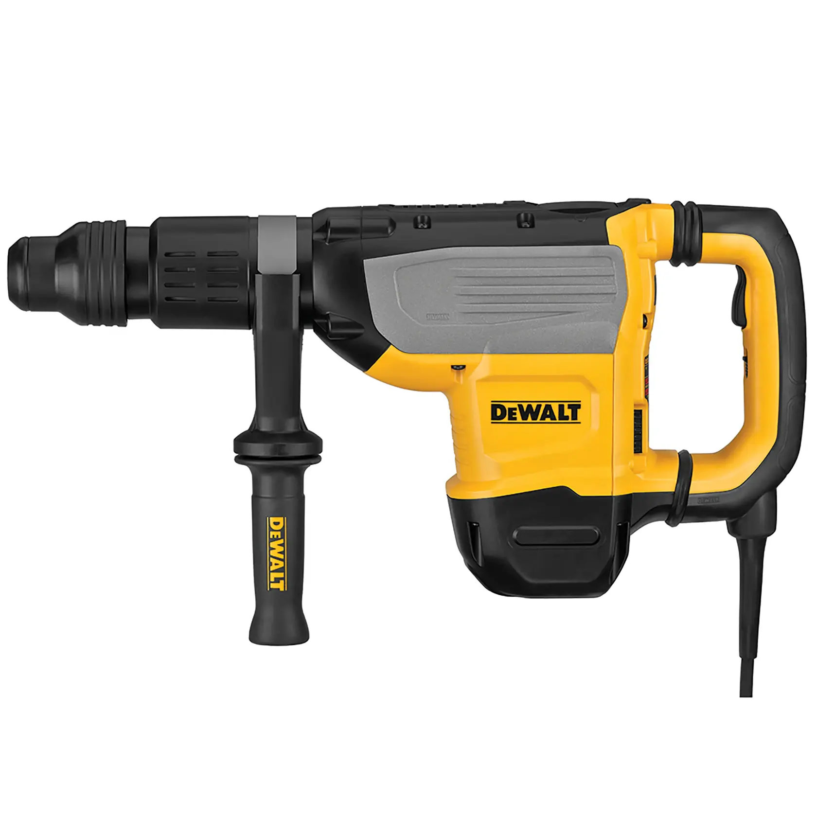 Une perceuse à percussion électrique DEWALT de couleur jaune et noire, munie d'une poignée latérale et d'un câble d’alimentation.