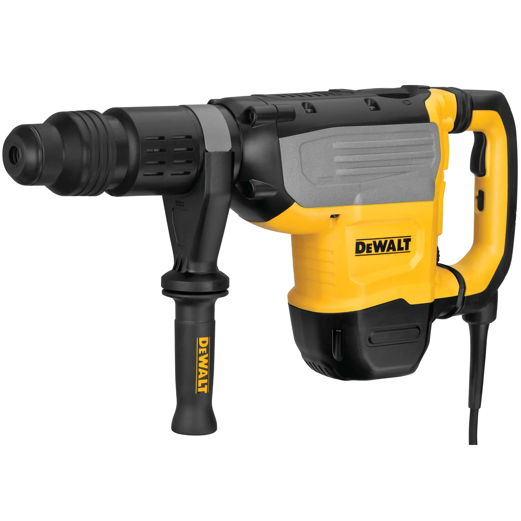 Un perforateur rotatif DEWALT pour travaux intensifs avec un corps jaune et noir, une poignée latérale pour une meilleure prise en main et un câble d’alimentation attaché.