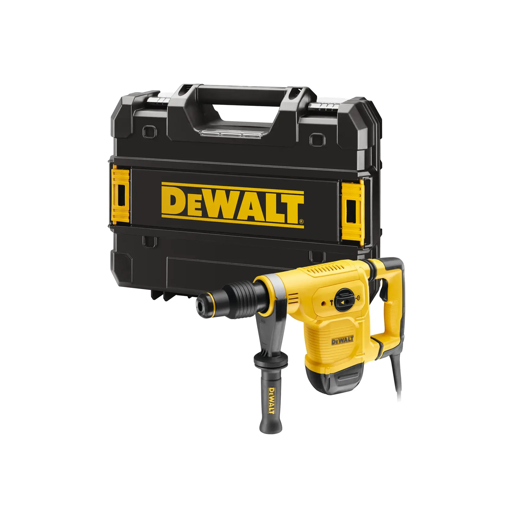 Une perceuse à percussion électrique DEWALT jaune et noire avec poignée latérale, placée devant un coffret de transport rigide assorti DEWALT.