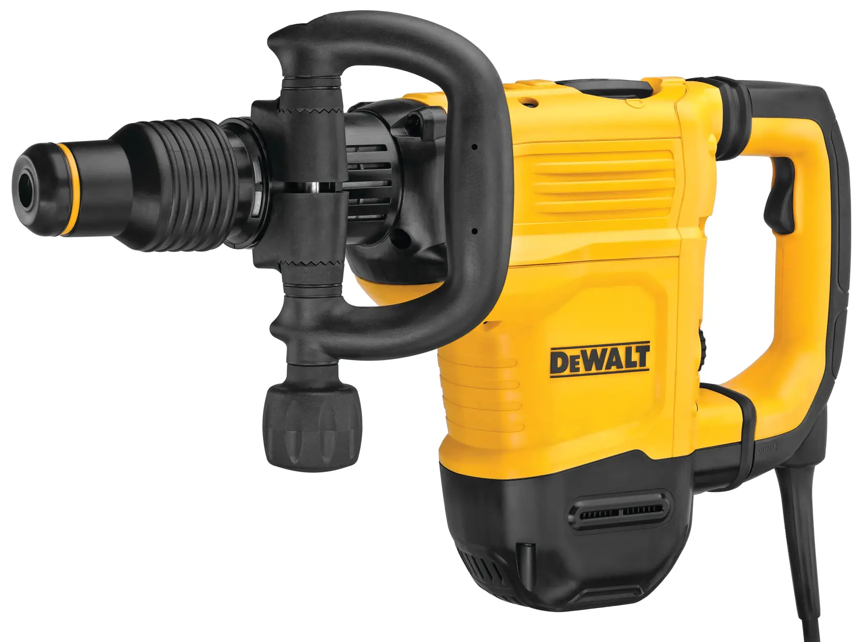 Un marteau-piqueur électrique DEWALT avec un corps jaune et des poignées noires, équipé d'un cordon d'alimentation et d'une construction robuste.