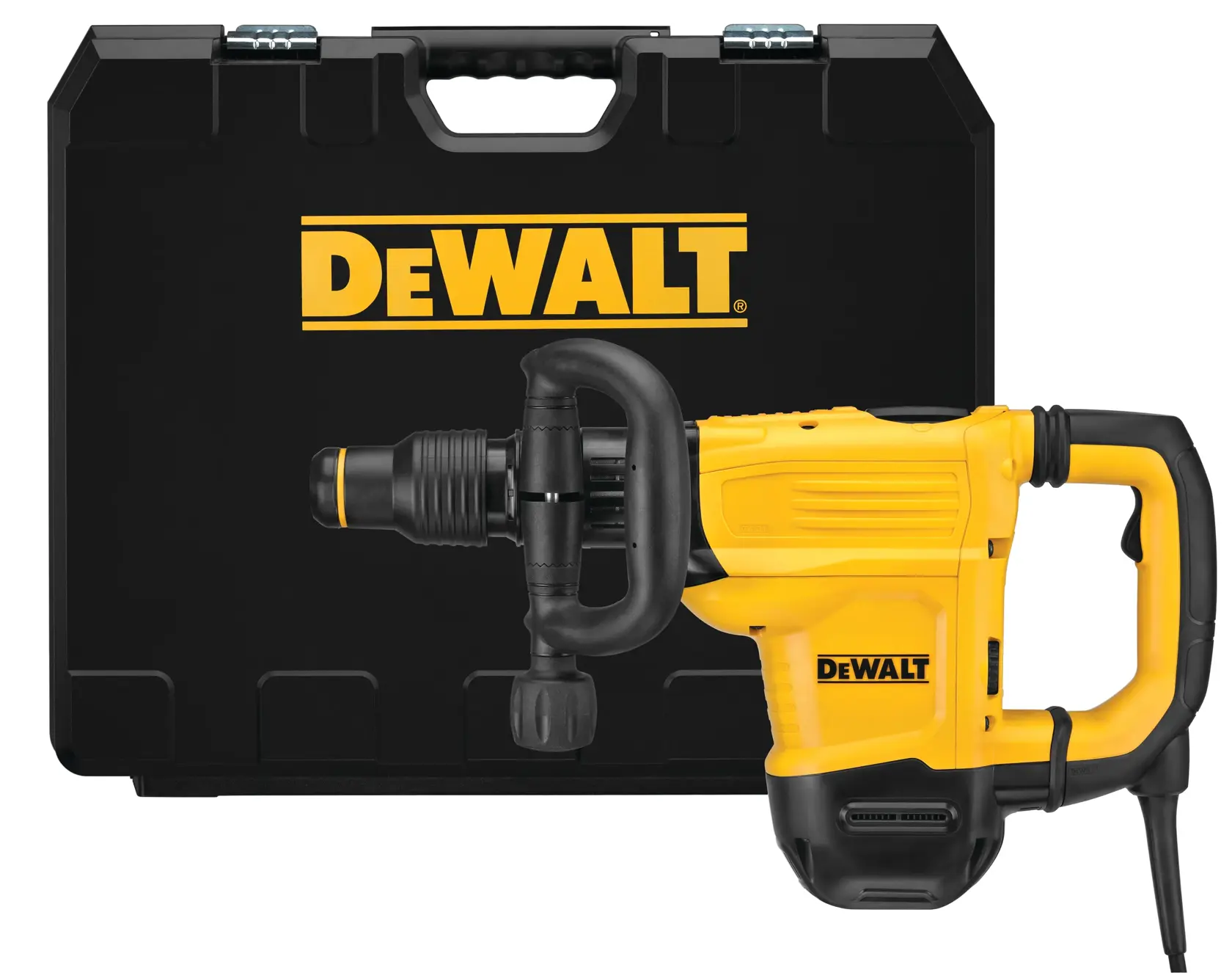 Un marteau de démolition jaune DEWALT avec une poignée noire et un coffret de transport derrière. Le coffret est noir avec un grand logo DEWALT imprimé sur le devant.