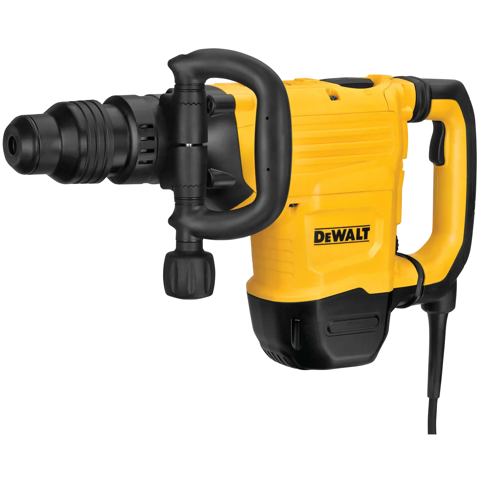 Un marteau de démolition filaire DEWALT jaune et noir avec une poignée latérale et une construction robuste, conçu pour les travaux lourds sur le béton ou la maçonnerie.