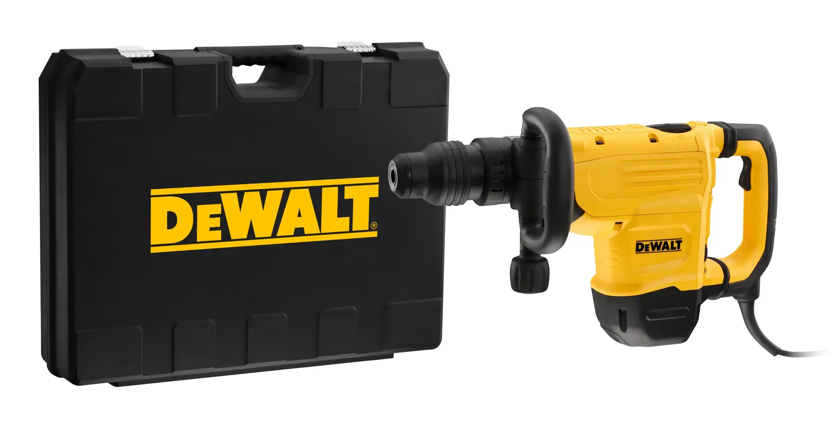 Un marteau démolisseur jaune et noir DEWALT à côté d'une mallette de transport noire DEWALT.
