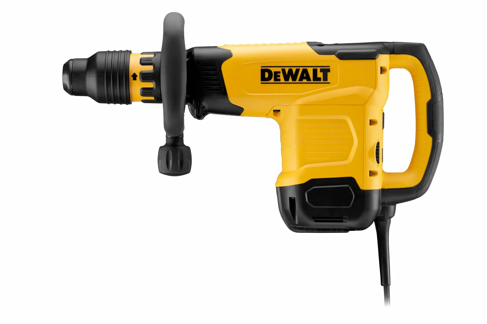 Marteau de démolition filaire DEWALT jaune avec poignée latérale sur fond blanc.