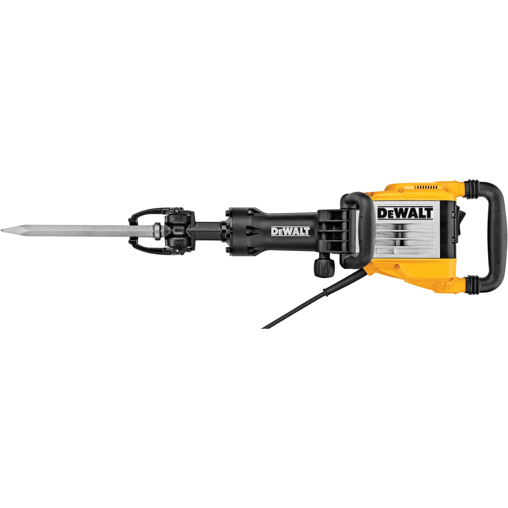 Un marteau-piqueur électrique DEWALT avec un corps jaune et noir et un burin pointu.