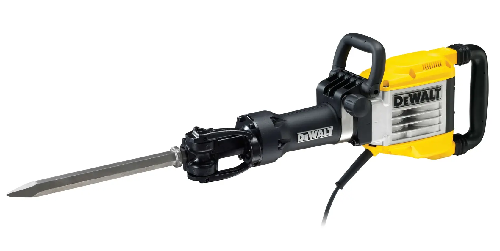 Un marteau démolisseur électrique DEWALT D25960K avec un corps jaune et noir et un burin en métal, conçu pour les travaux de construction intensifs et la rupture du béton.