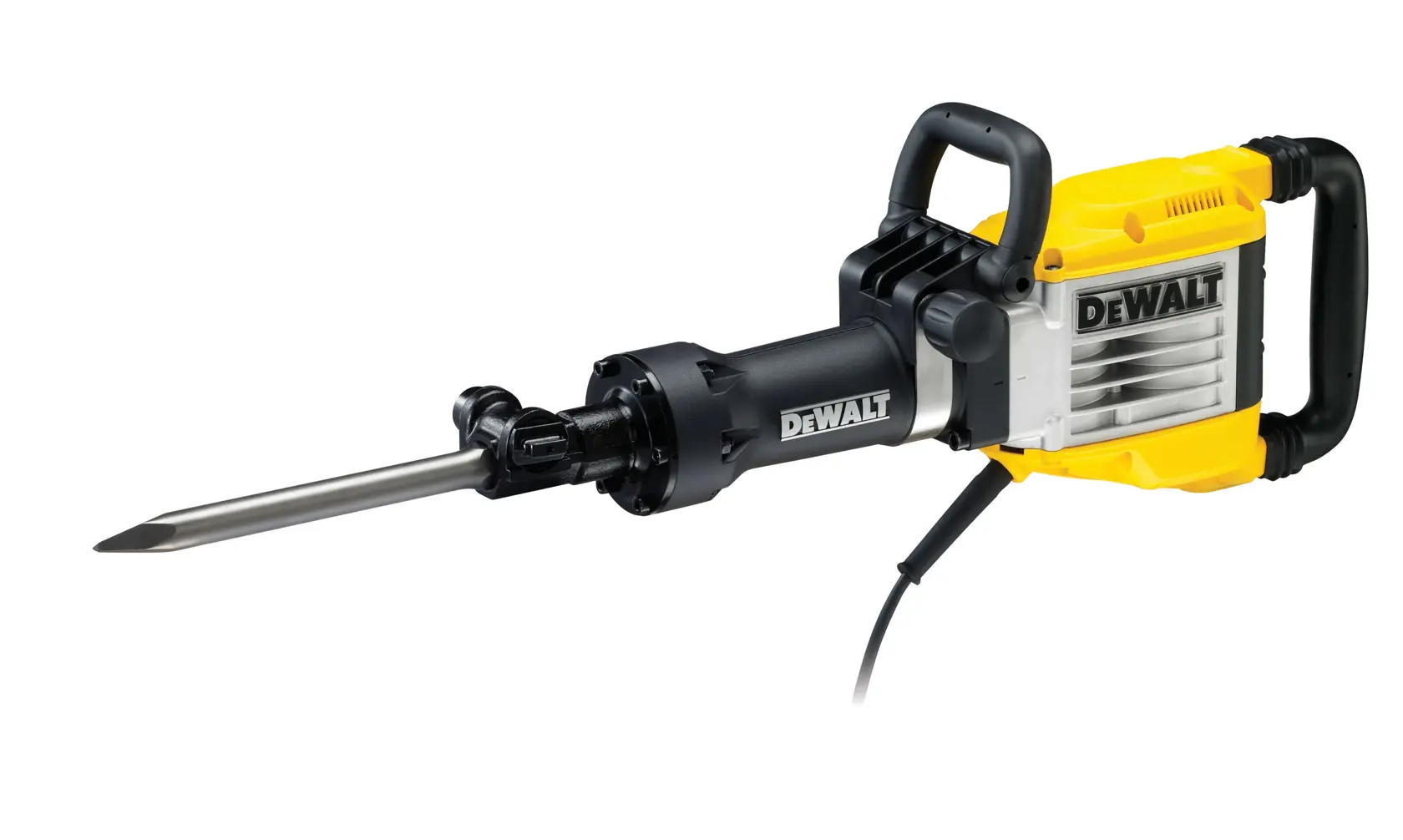 Marteau démolisseur électrique DEWALT avec poignées et burin pointu, sur fond blanc.