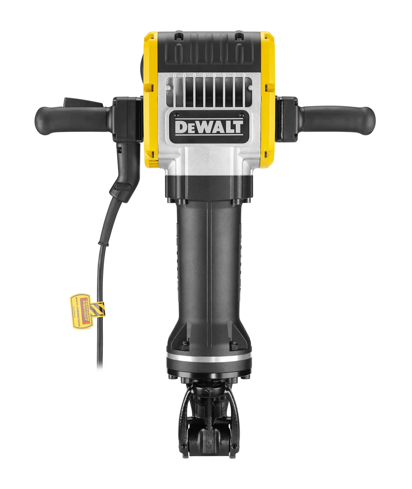 Vue avant d’un marteau-piqueur électrique DEWALT avec poignées et câble pour travaux de construction intensifs.