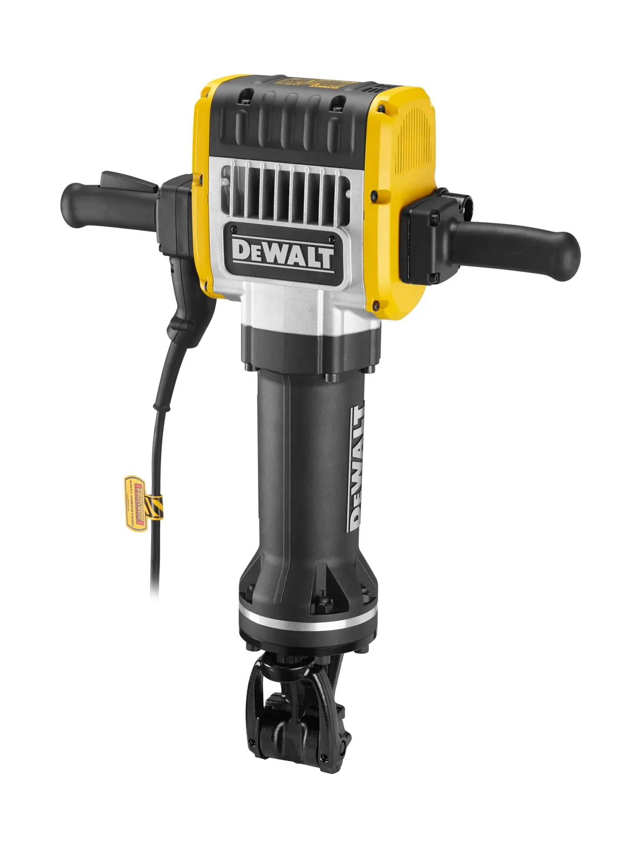 Un marteau de démolition électrique DEWALT avec un corps noir et jaune, deux poignées latérales et un câble d'alimentation, conçu pour les travaux de démolition intensifs.