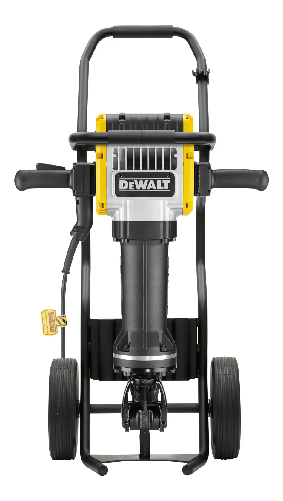 Vue de face d'un marteau de démolition DEWALT (modèle D25981) monté sur un chariot à roulettes, avec des poignées de chaque côté et un câble d'alimentation visible, conçu pour les travaux de construction intensifs.