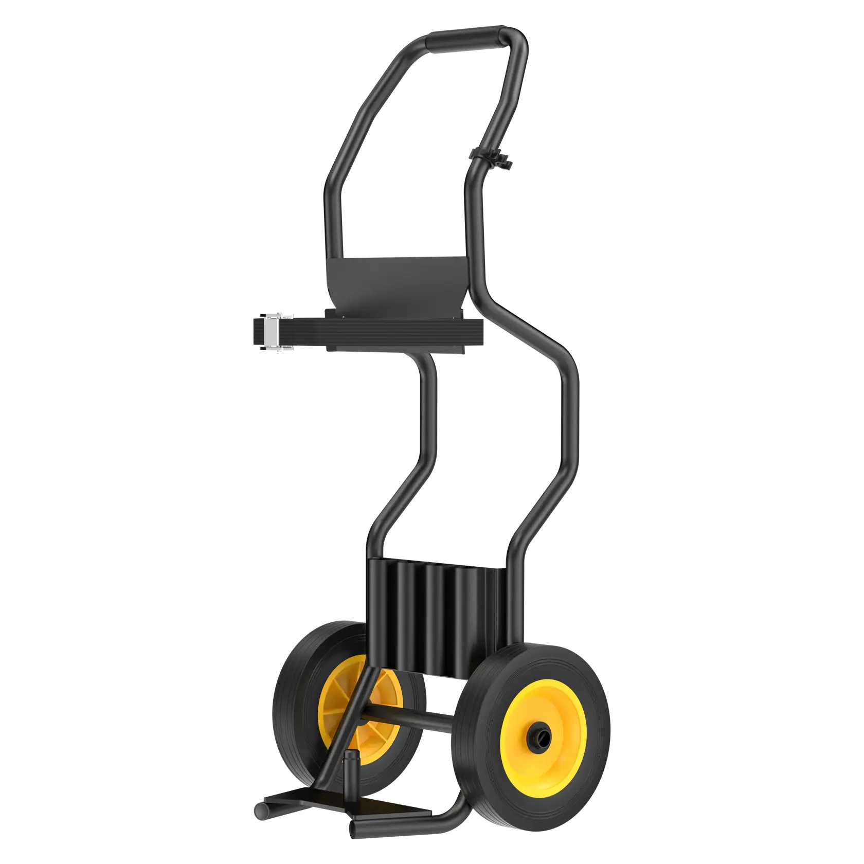Chariot en métal noir avec deux roues jaunes et poignée, conçu pour transporter outils ou équipements lourds.