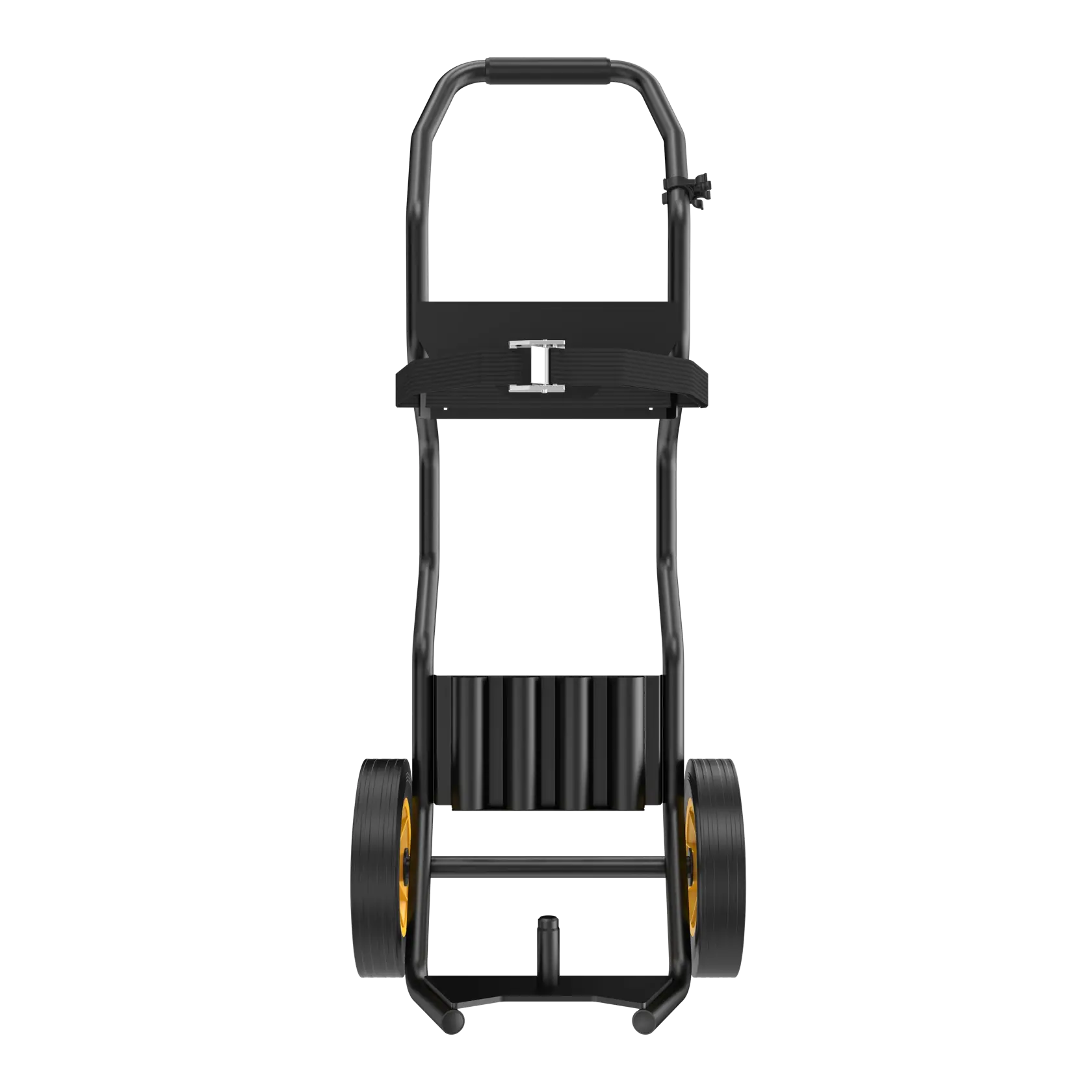 DEWALT D259866 chariot noir avec roues jaunes, utilisé pour transporter du matériel lourd.