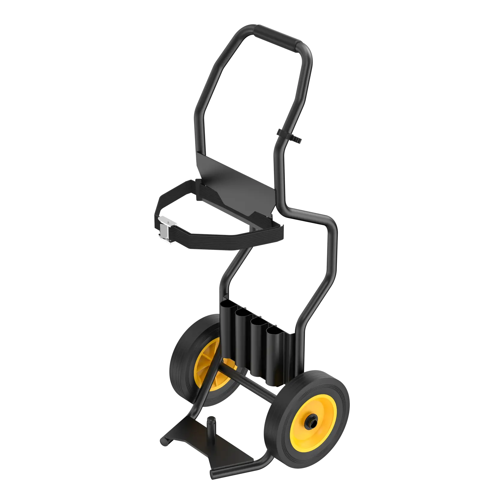 Chariot DEWALT avec roues jaunes, cadre noir, poignée et tubes de rangement pour outils sur fond blanc.