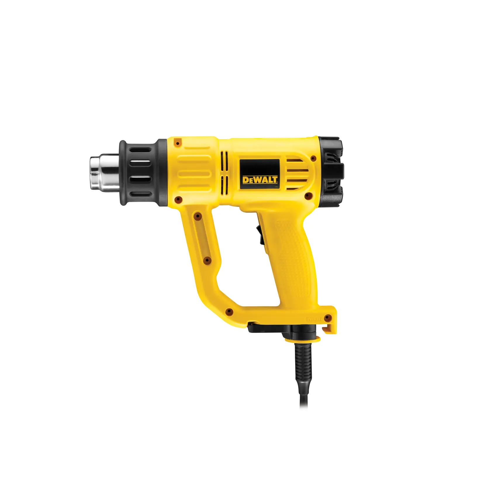Un pistolet à air chaud DEWALT D26411 avec un corps jaune et noir, une poignée ergonomique et un cordon d'alimentation, présenté sur un fond blanc.