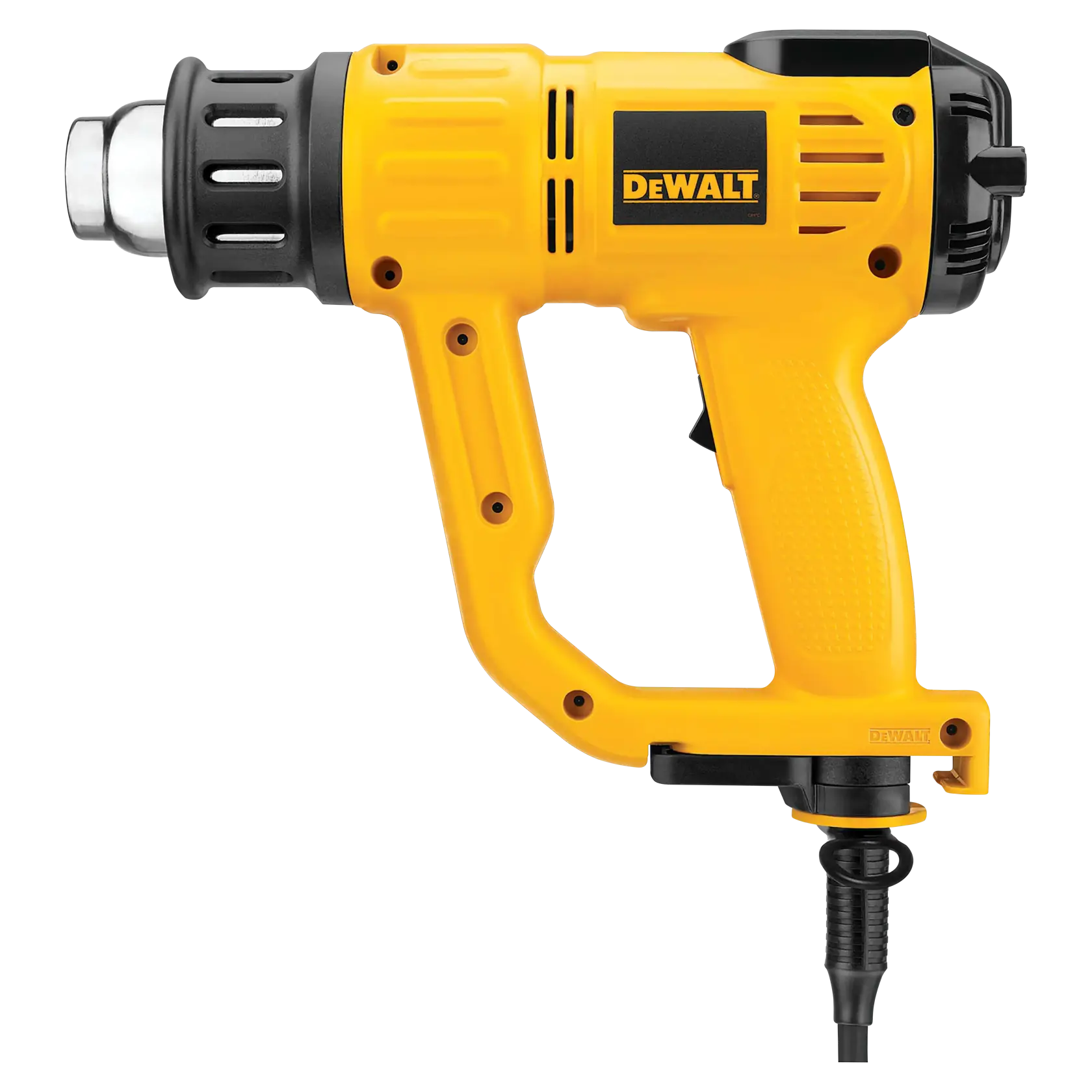 Un pistolet thermique jaune et noir DEWALT avec un cordon d'alimentation, une poignée ergonomique et une buse en métal, présenté sur un fond blanc.