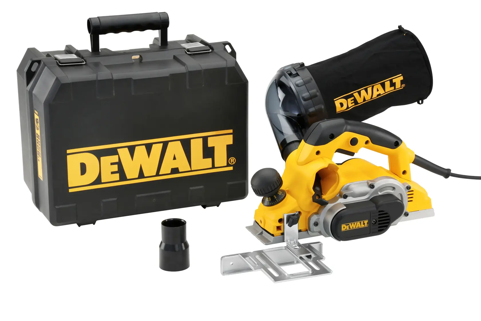 DEWALT Elektrohobel mit schwarzem Koffer, Staubbeutel und Zubehör auf weißem Hintergrund.