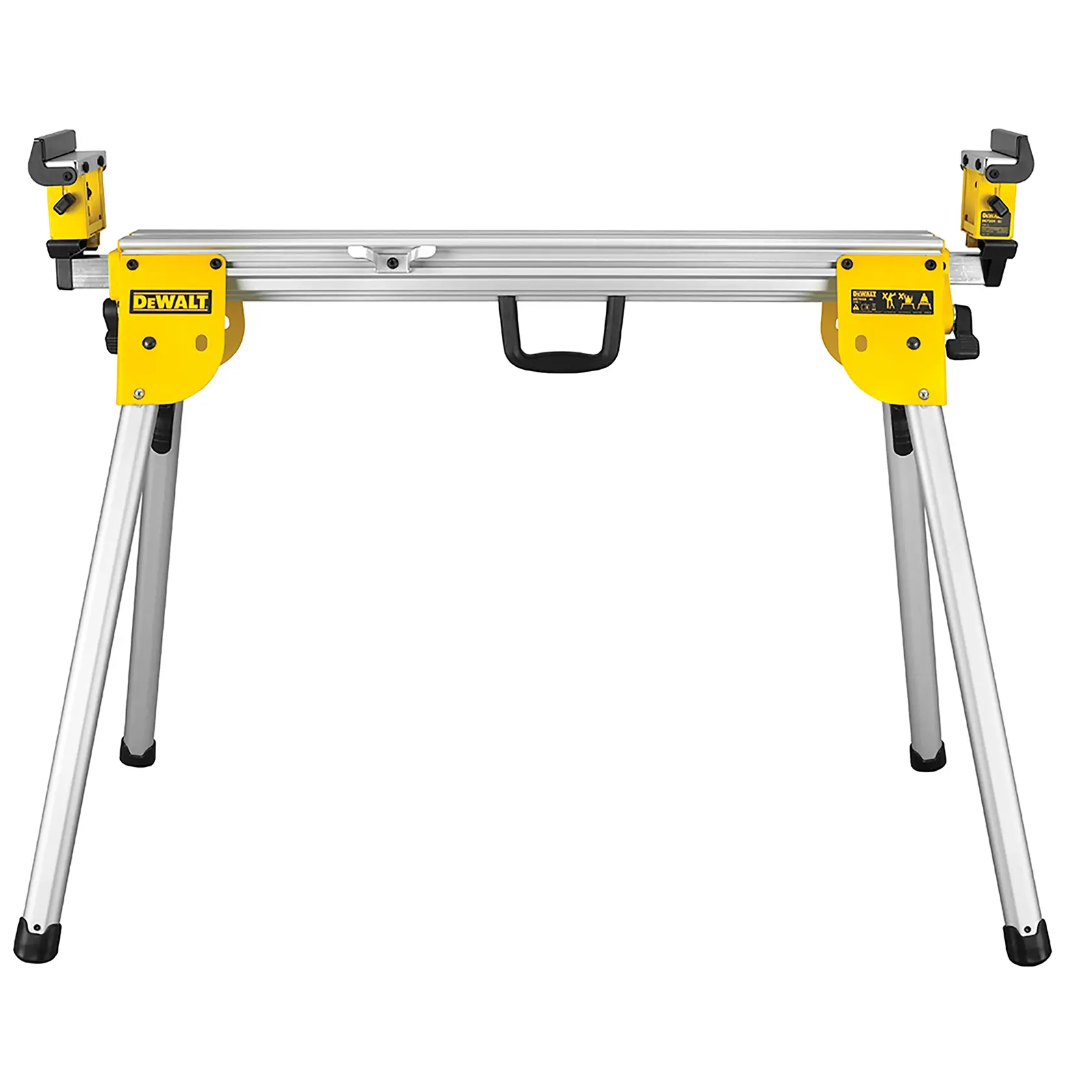 Support à onglet pliant DEWALT avec extrémités jaunes, pieds métalliques et poignée centrale.