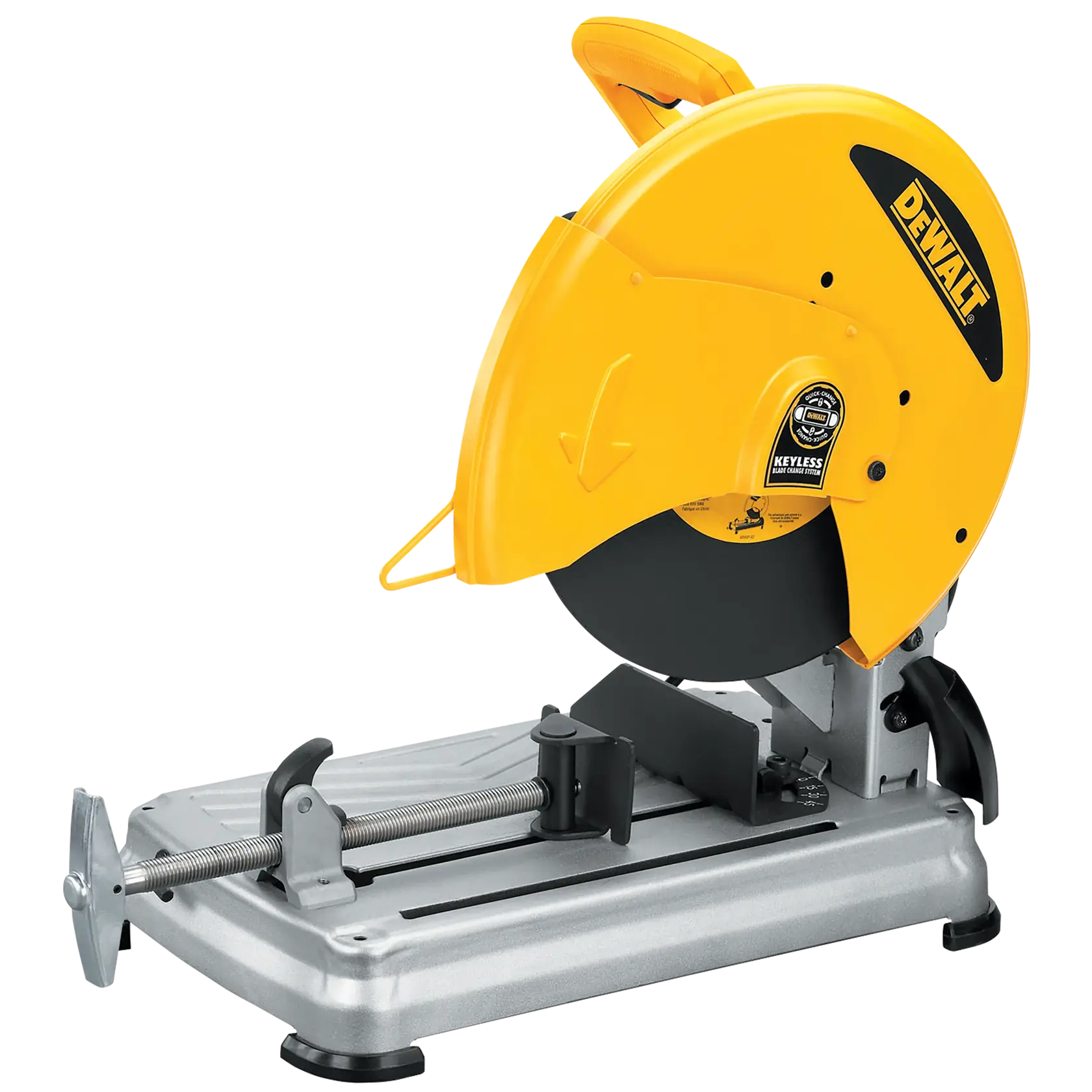 Une scie à métaux DEWALT avec une grande protection jaune, montée sur une base argentée robuste avec un serre-joint pour fixer les matériaux. La scie est conçue pour la coupe précise de pièces métalliques.