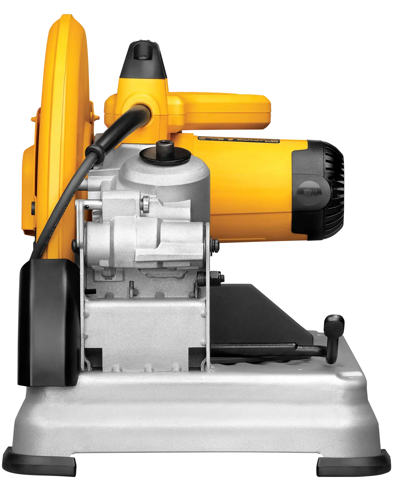 Vue latérale d'une scie à découper pour métal DEWALT D28715, avec un boîtier de moteur jaune et noir et une base argentée dotée d'une plateforme de coupe.