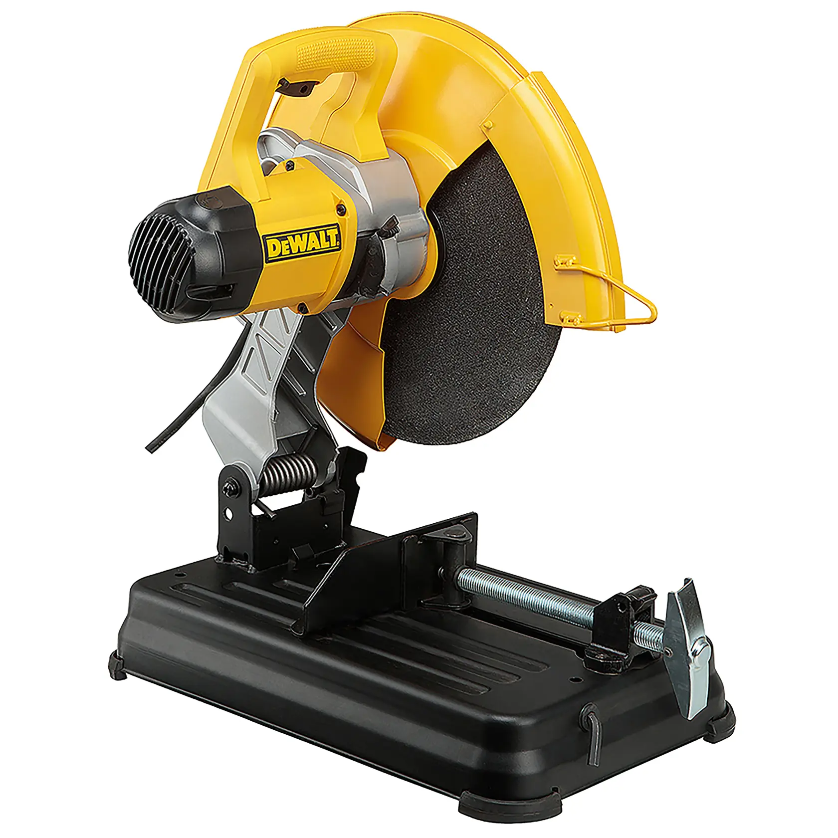 Une scie à onglet portative de marque DEWALT avec un design jaune et noir, dotée d'une lame circulaire, d'une poignée, d'un protège-lame de sécurité et d'une base solide pour la découpe du métal.