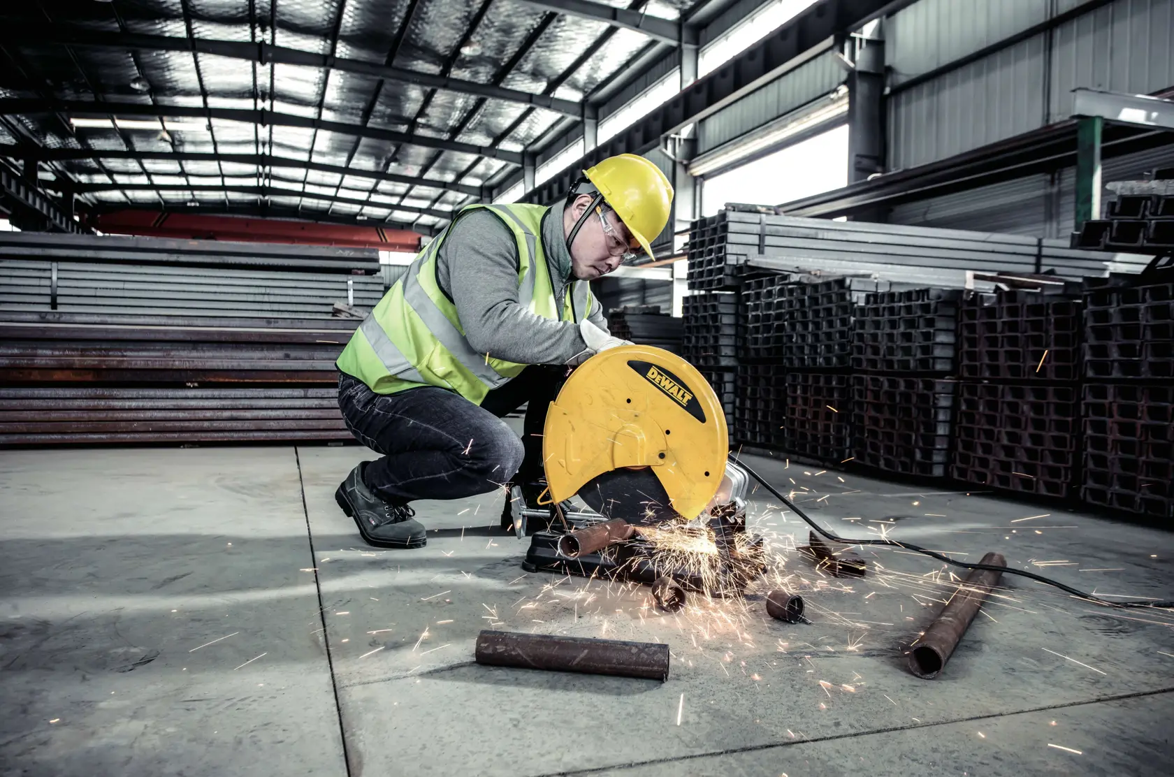 Un ouvrier portant un casque de sécurité jaune et un gilet réfléchissant découpe du métal avec une scie à onglet DEWALT jaune, ce qui produit des étincelles. L'ouvrier se trouve dans un entrepôt industriel entouré de piles de barres et de plaques métalliques.